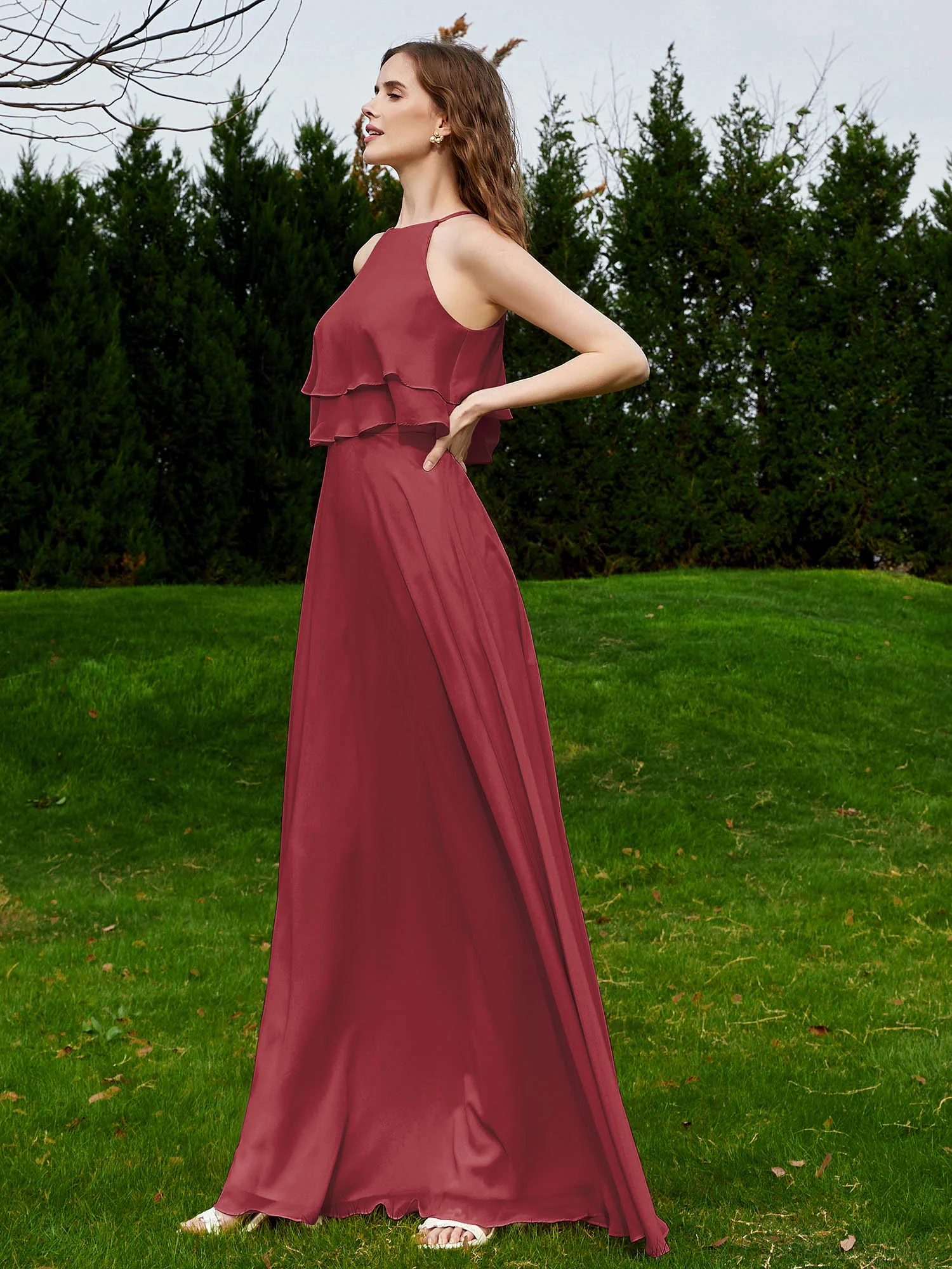 Two Layers Ruffles Bodice Chiffon Dresses Cinnamon Rose - Image 3