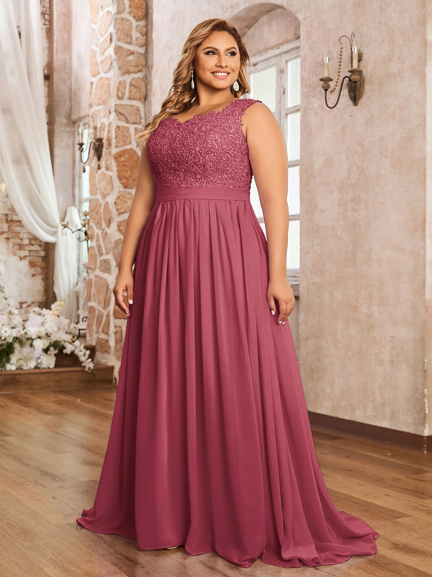 Appliqued and Beaded Dress with Sweetheart Neck Cinnamon Rose