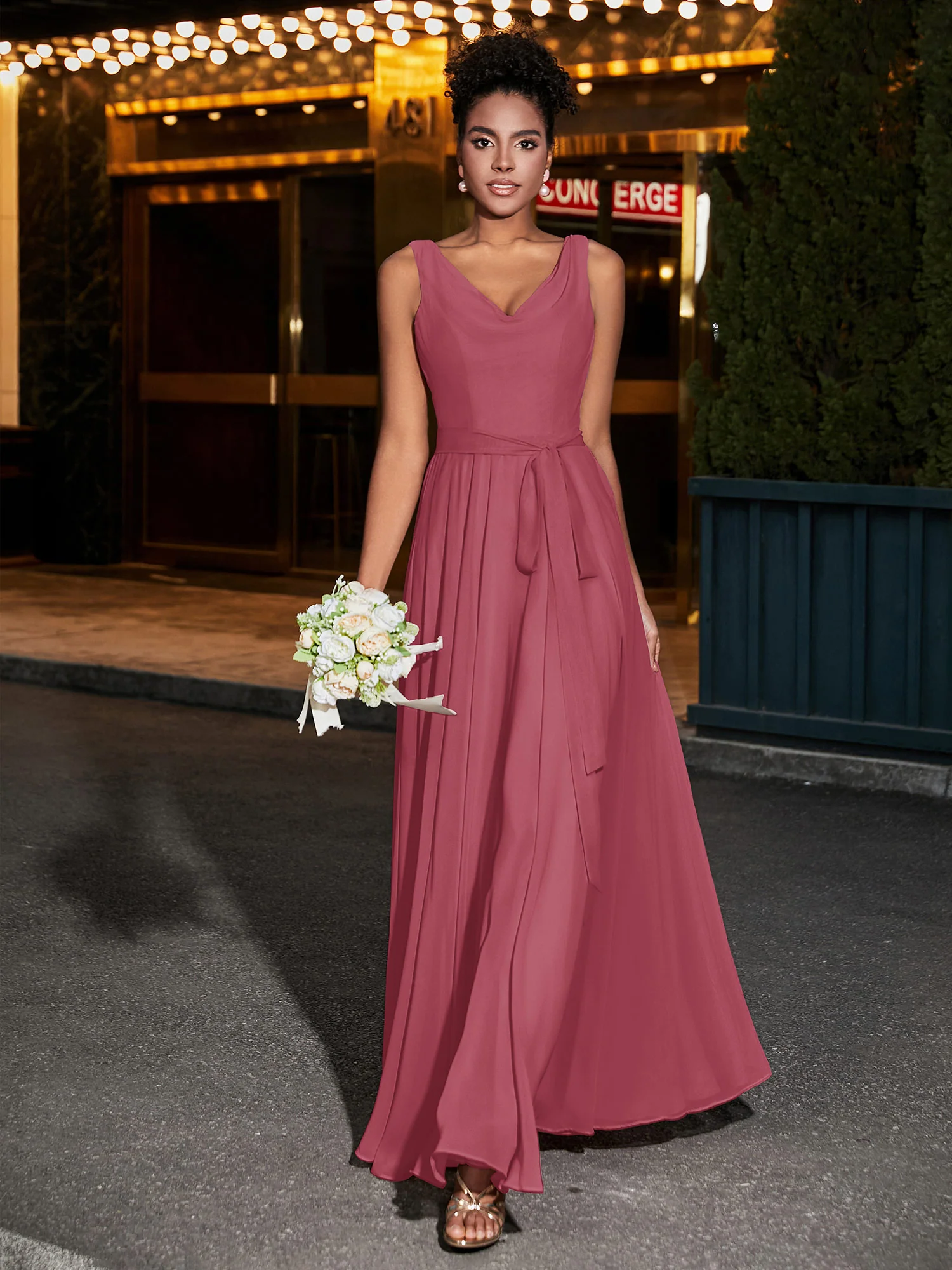 Simple Chiffon Dresses with V Neckline Cinnamon Rose