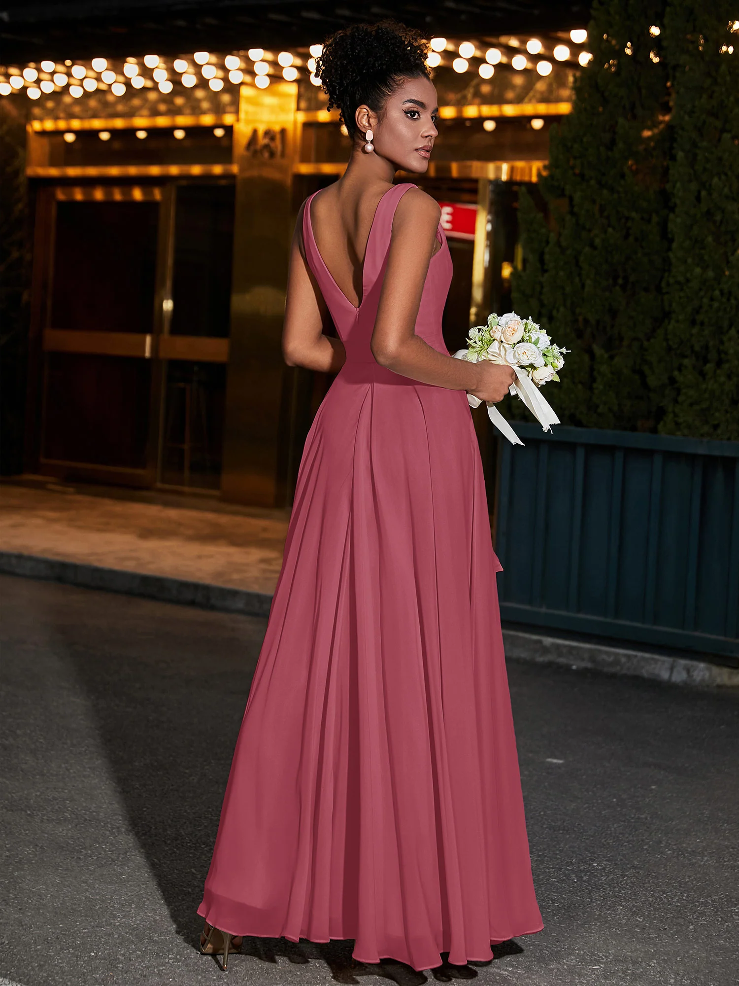 Simple Chiffon Dresses with V Neckline Cinnamon Rose - Image 2