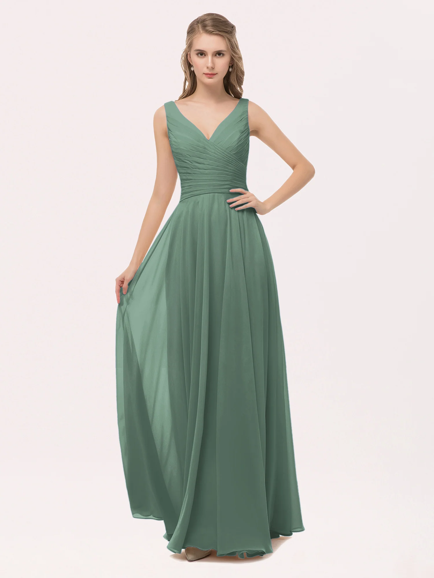 V Neck Long Chiffon Dress with Bow Eucalyptus