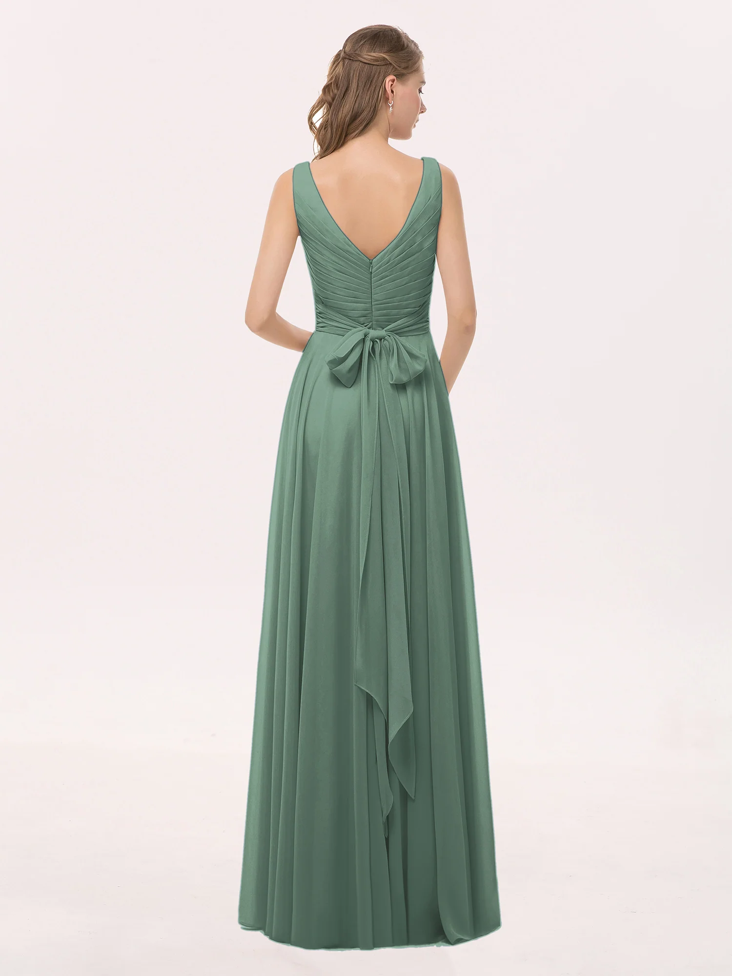 V Neck Long Chiffon Dress with Bow Eucalyptus - Image 2