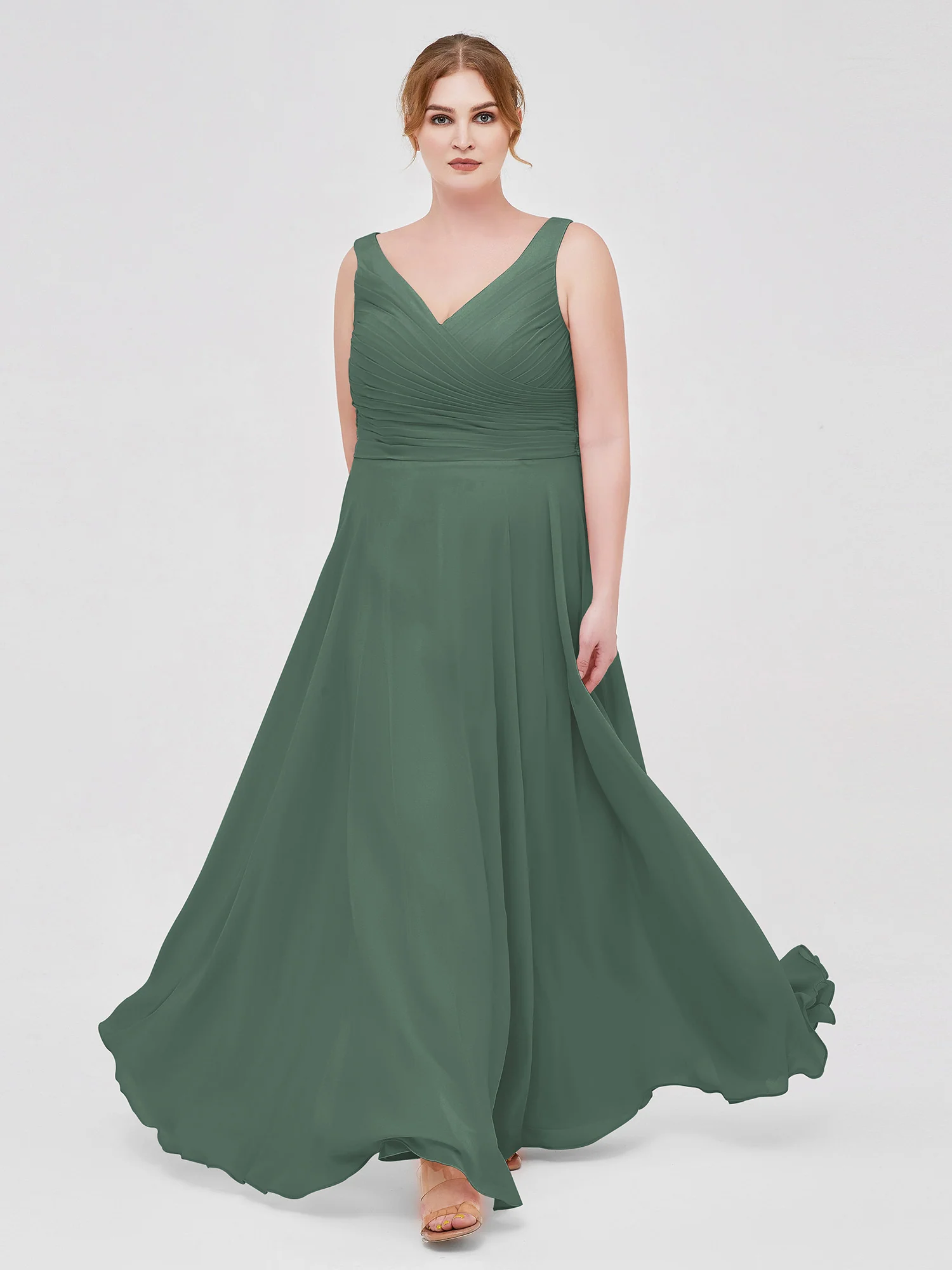V Neck Long Chiffon Dress with Bow Eucalyptus - Image 3