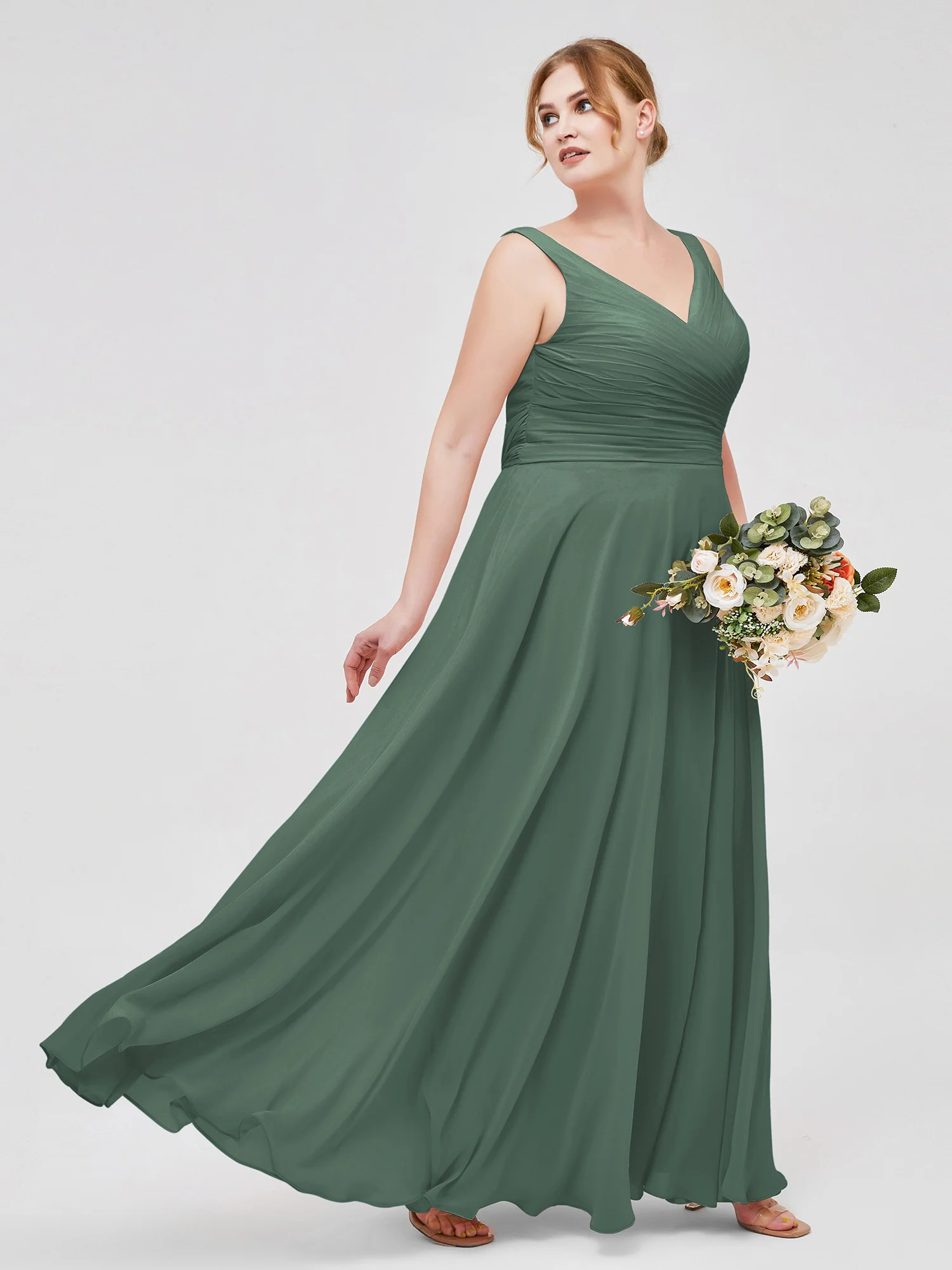 V Neck Long Chiffon Dress with Bow Eucalyptus - Image 4