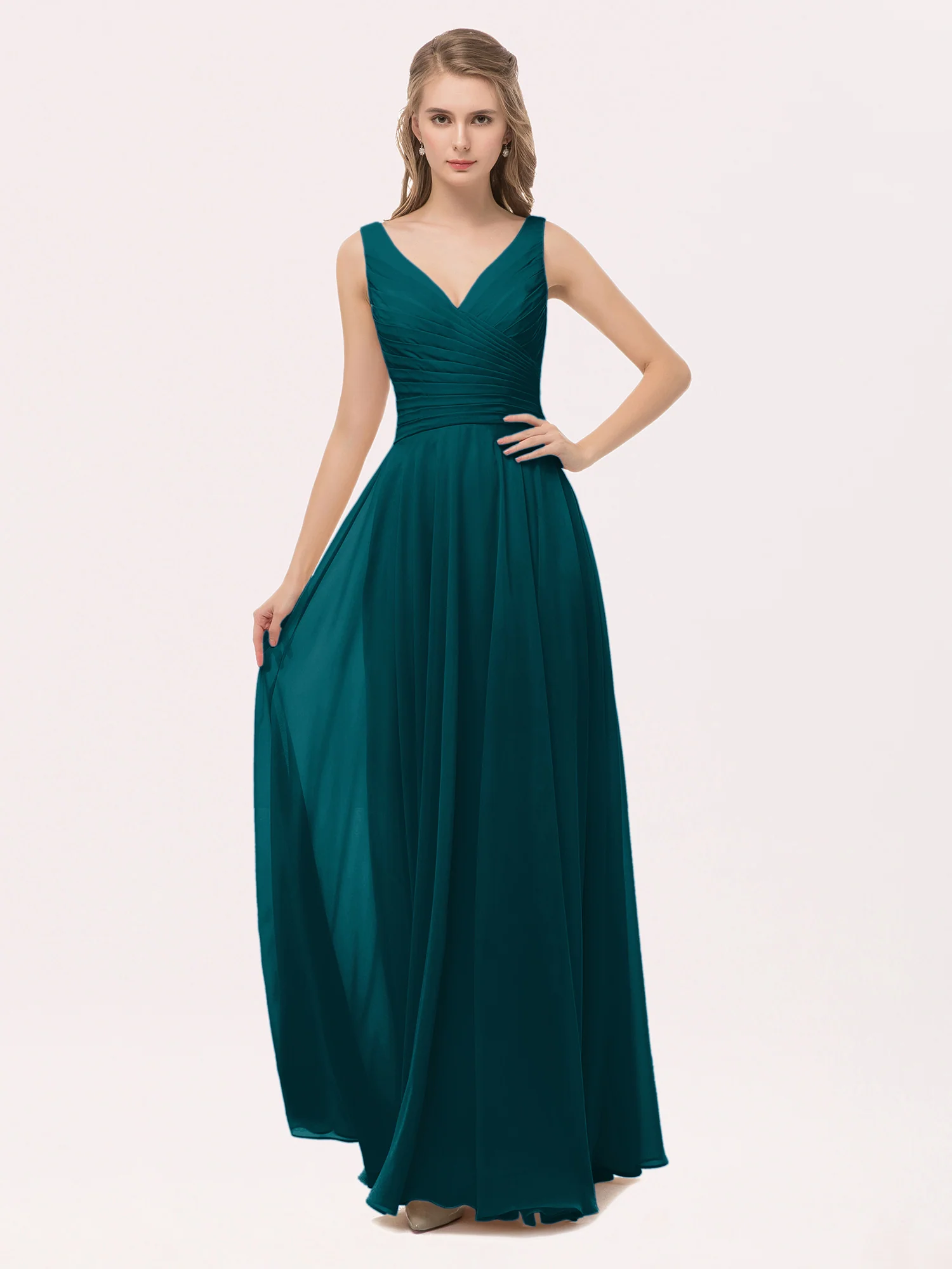 V Neck Long Chiffon Dress with Bow Pine