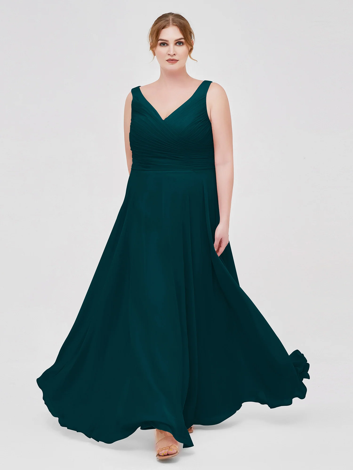 V Neck Long Chiffon Dress with Bow Pine - Image 3