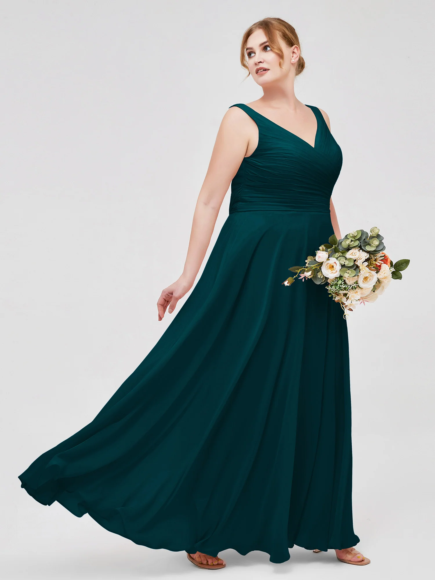 V Neck Long Chiffon Dress with Bow Pine - Image 4