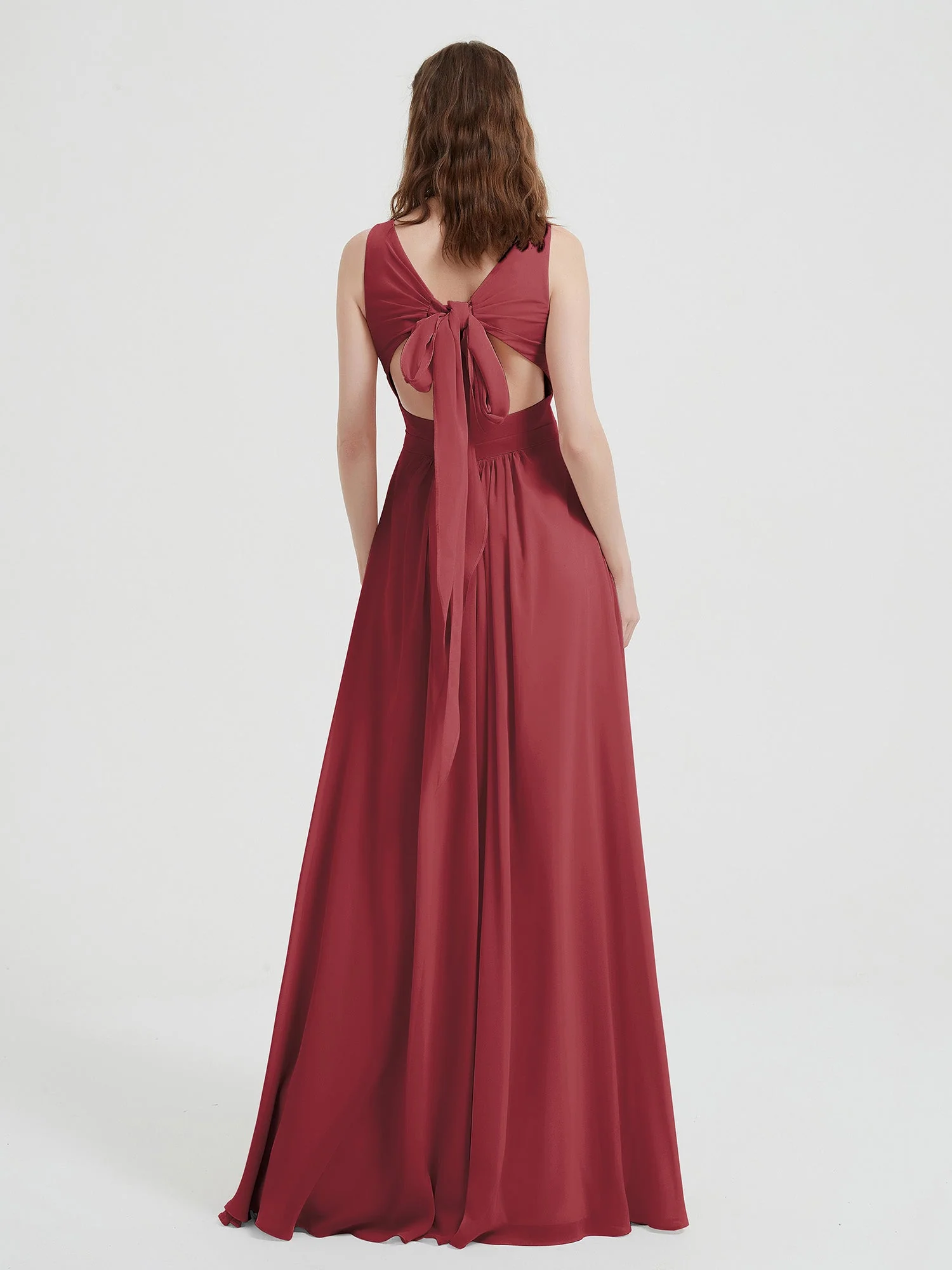 Open Back Chiffon Dresses with V neck Cinnamon Rose - Image 2