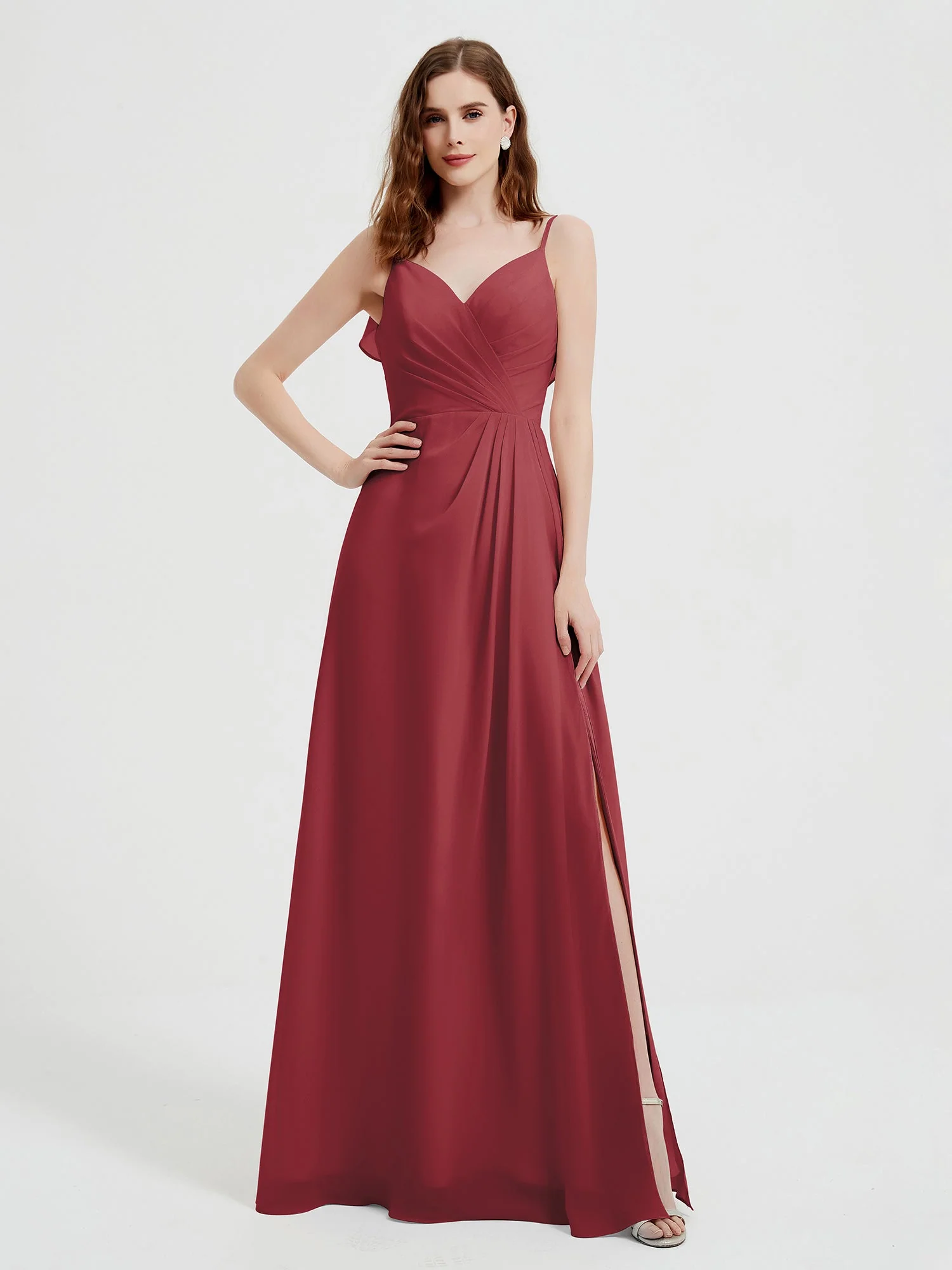 Spaghetti Straps V neck Dresses with Slit Cinnamon Rose