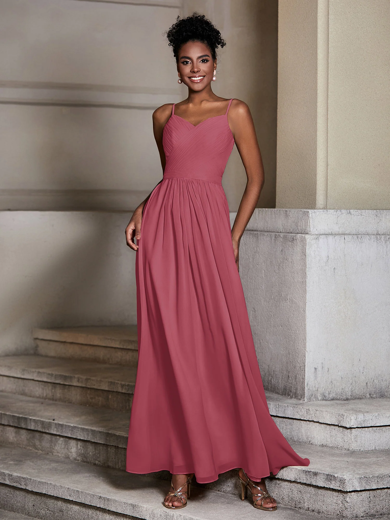 Cross Pleated Bodice Spaghetti Strap Dresses Cinnamon Rose