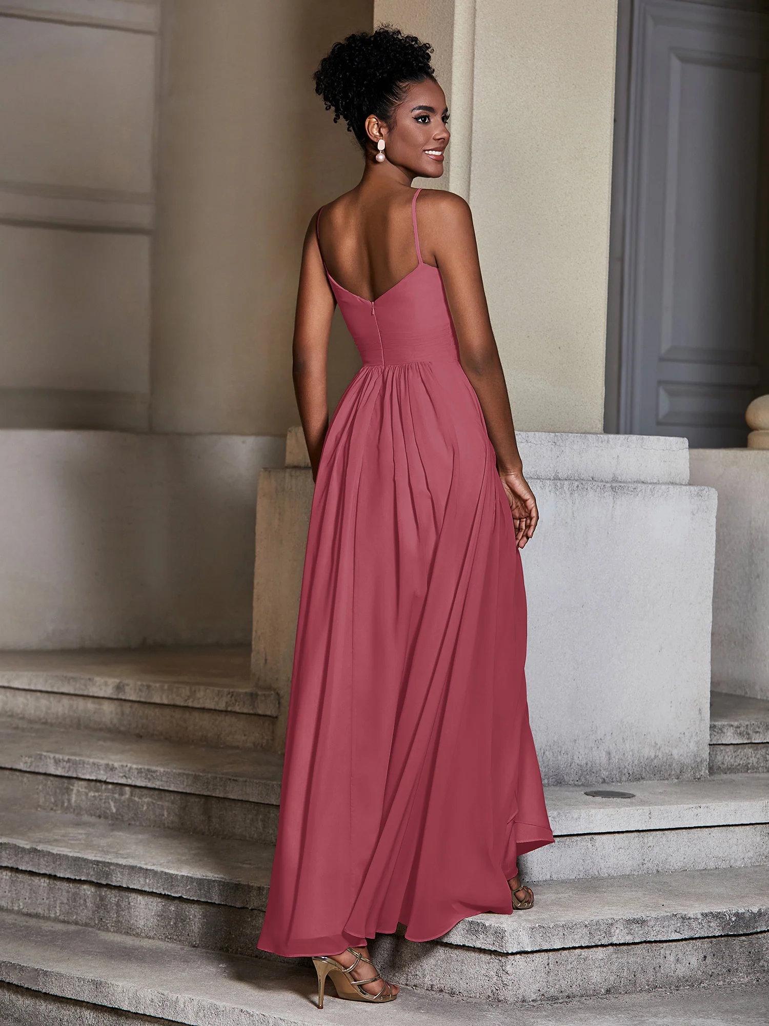 Cross Pleated Bodice Spaghetti Strap Dresses Cinnamon Rose - Image 2