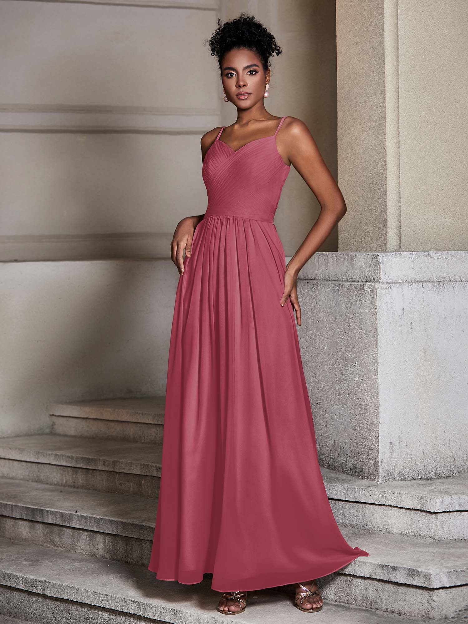 Cross Pleated Bodice Spaghetti Strap Dresses Cinnamon Rose - Image 3