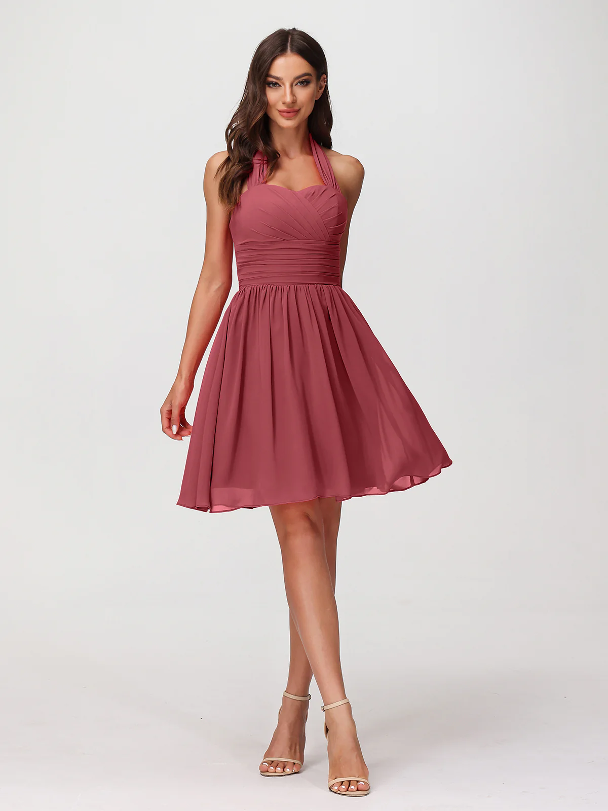 Halter Sweetheart Chiffon Short Dressses Cinnamon Rose