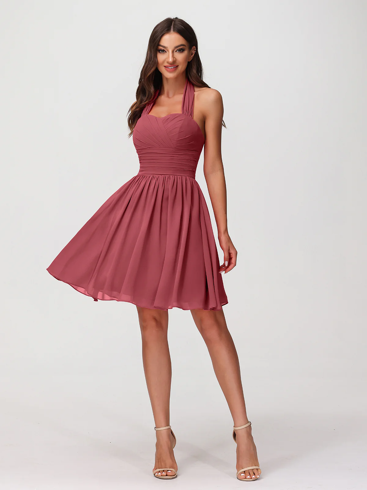 Halter Sweetheart Chiffon Short Dressses Cinnamon Rose - Image 3