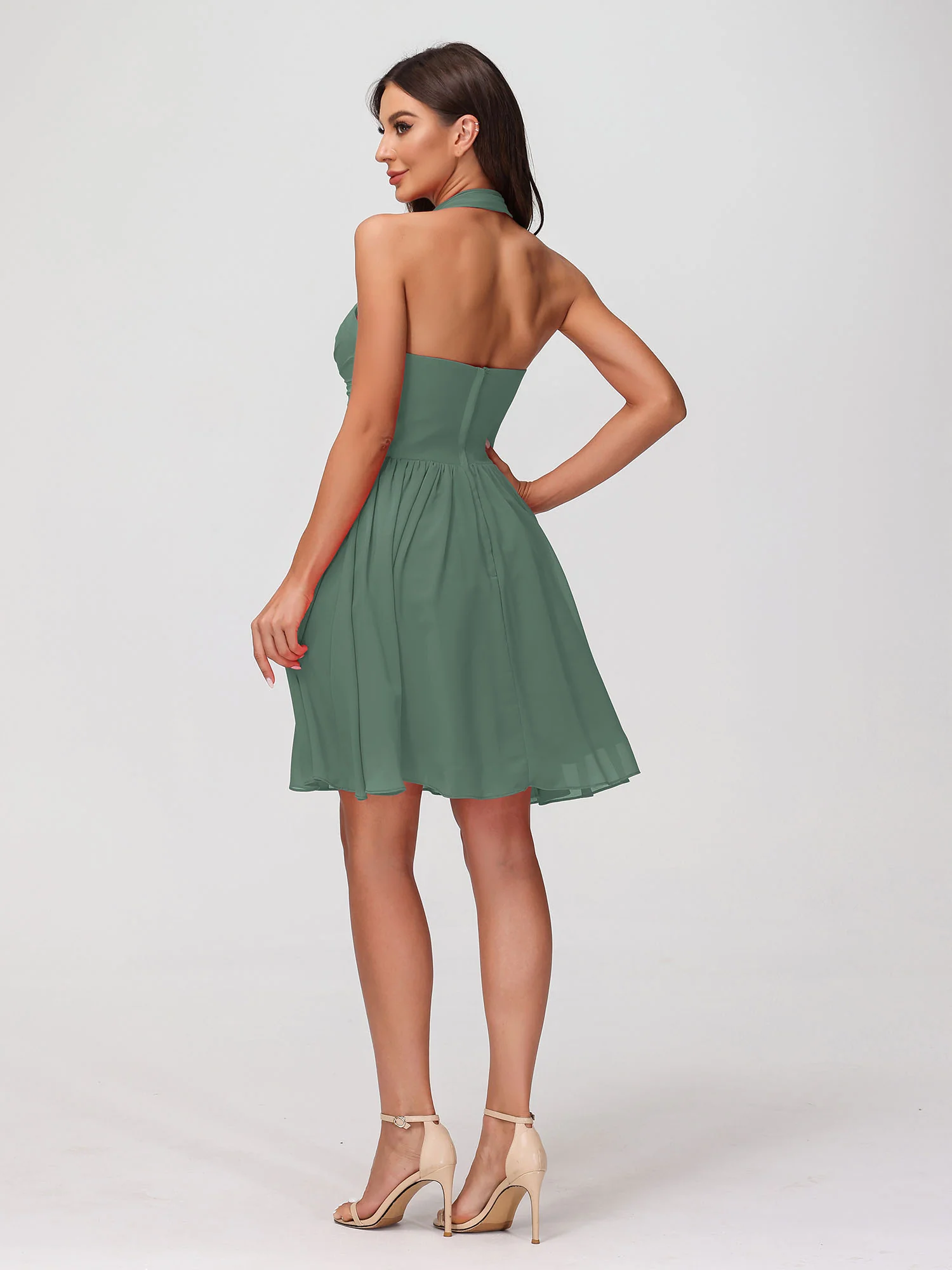 Halter Sweetheart Chiffon Short Dressses Eucalyptus - Image 2
