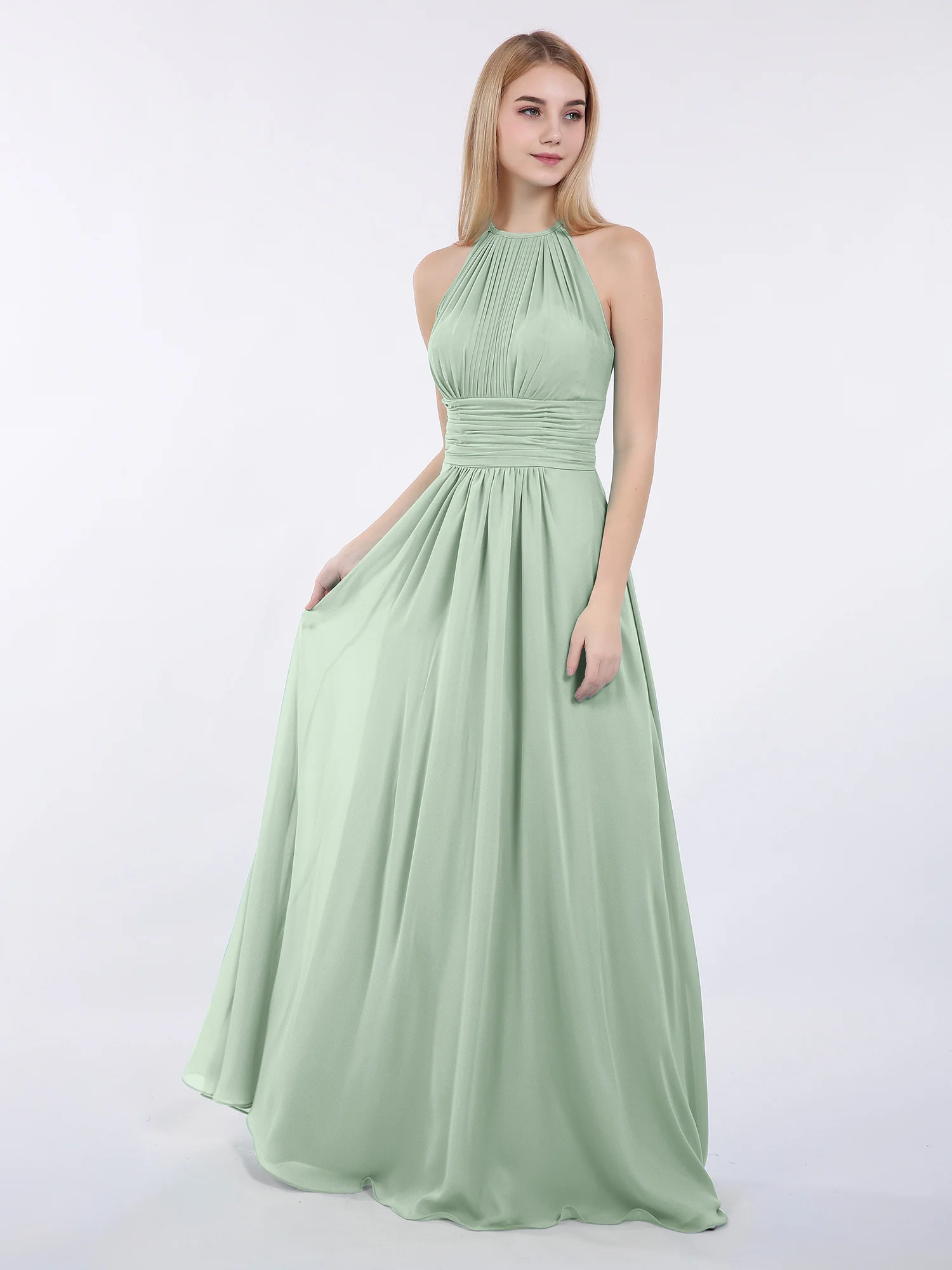 Halter Chiffon Maxi Dress of Bridesmaid Agave