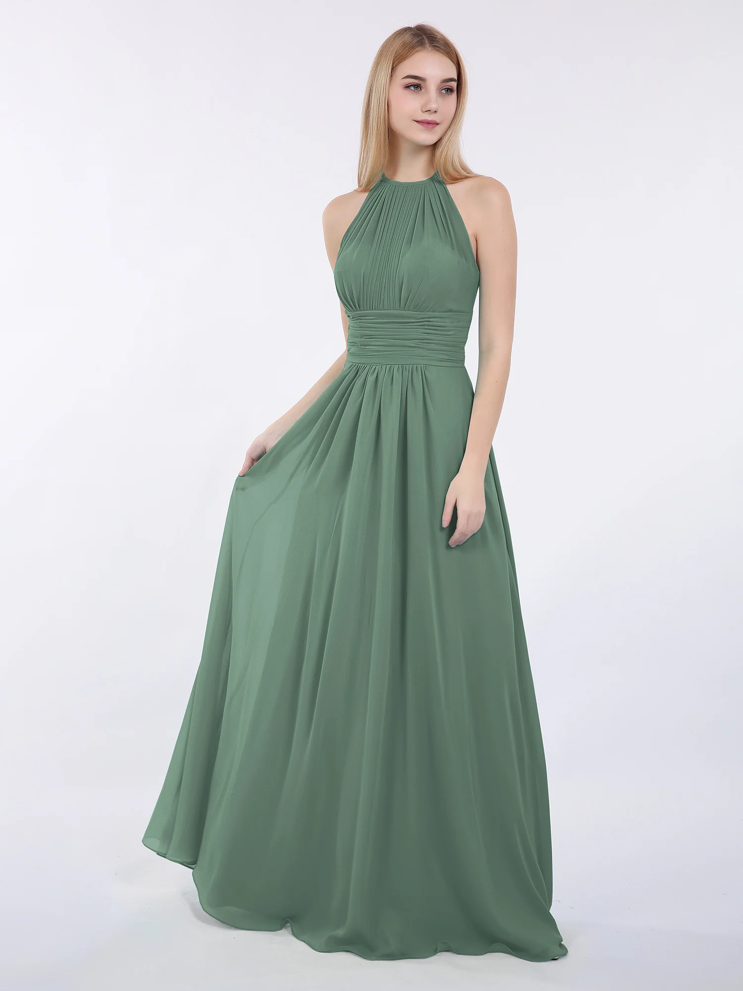 Halter Chiffon Maxi Dress of Bridesmaid Eucalyptus