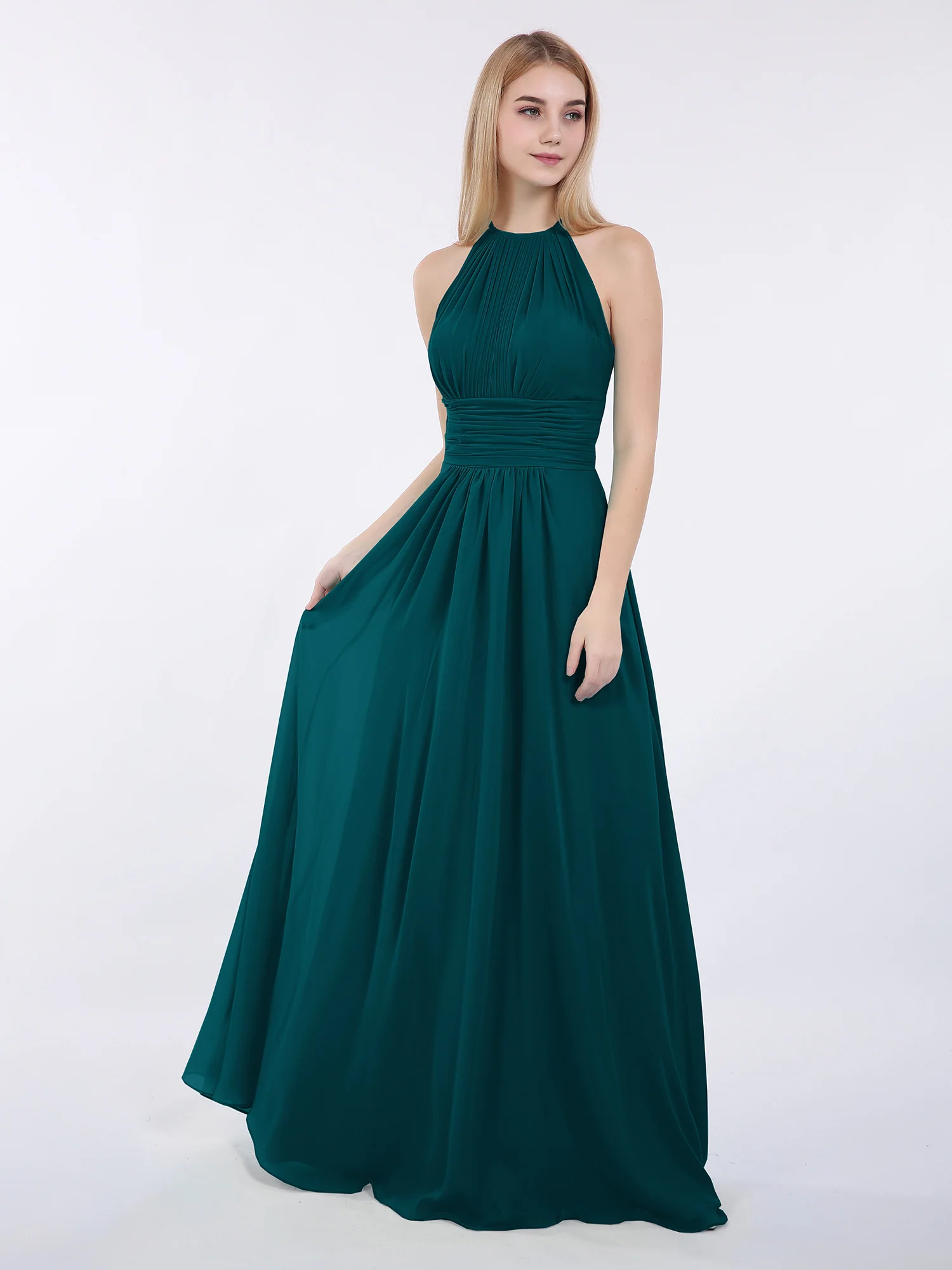 Halter Chiffon Maxi Dress of Bridesmaid Pine