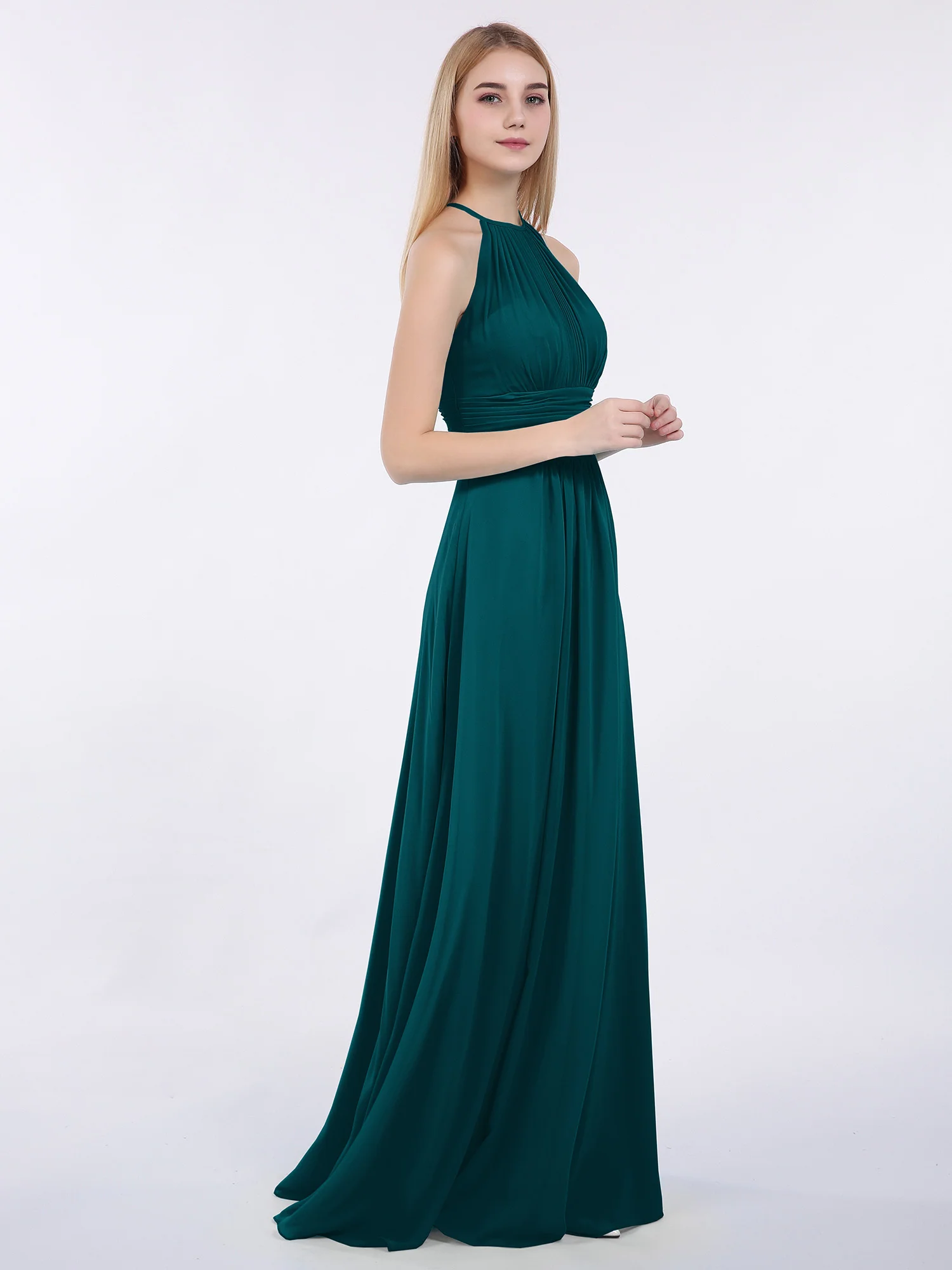 Halter Chiffon Maxi Dress of Bridesmaid Pine - Image 3