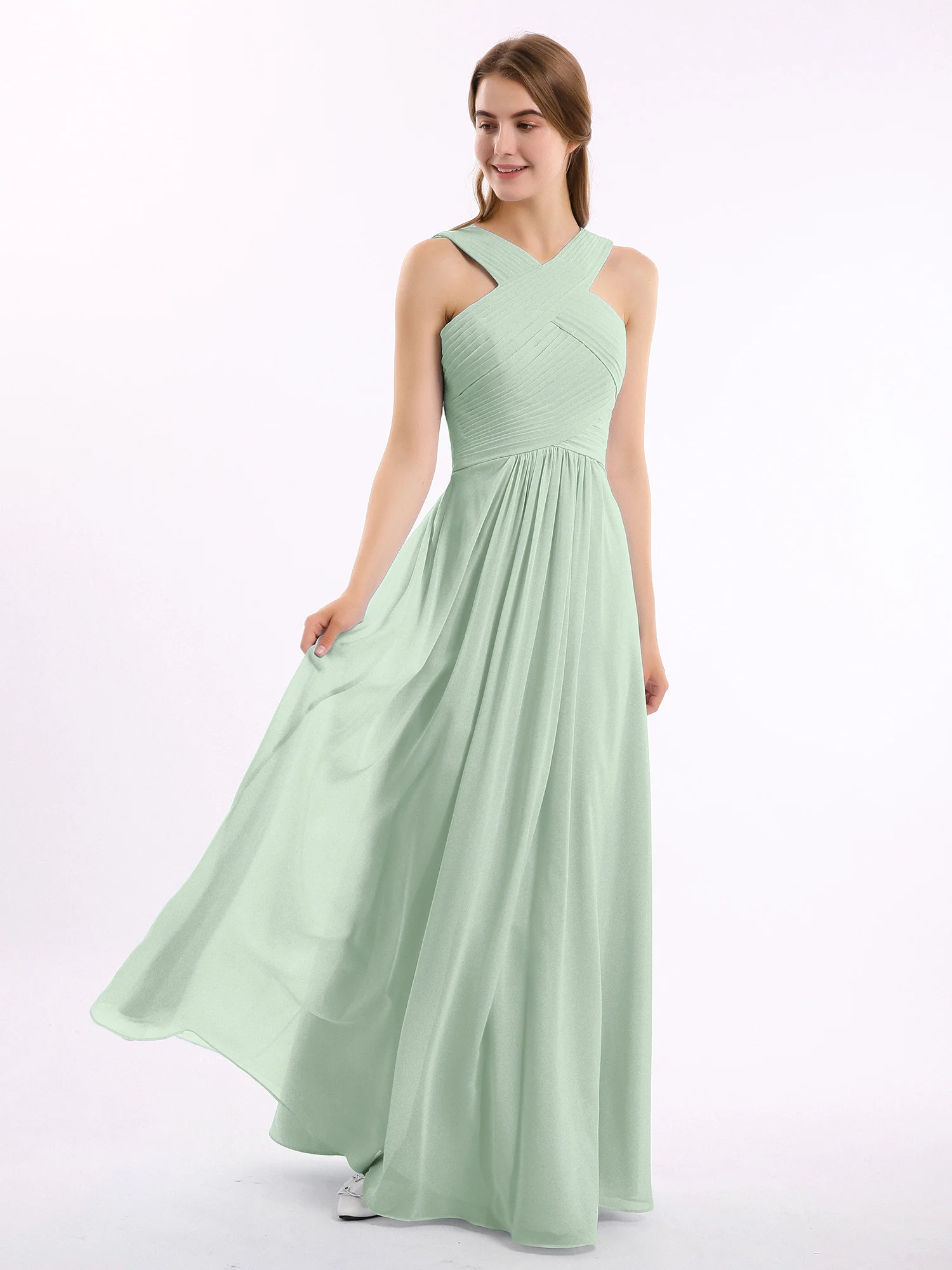 Cross Shoulder Strap Chiffon Dress with Empire Waist Agave