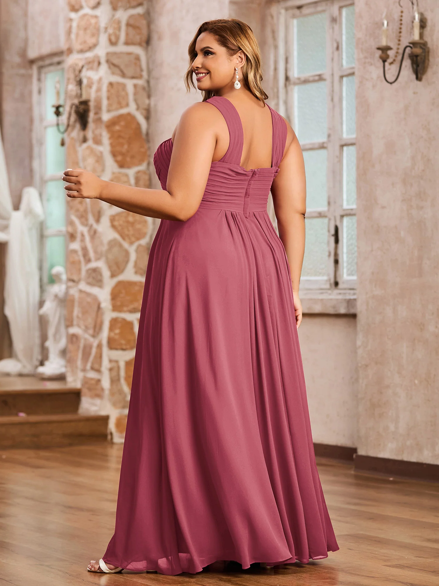 Cross Shoulder Strap Chiffon Dress with Empire Waist Cinnamon Rose - Image 2