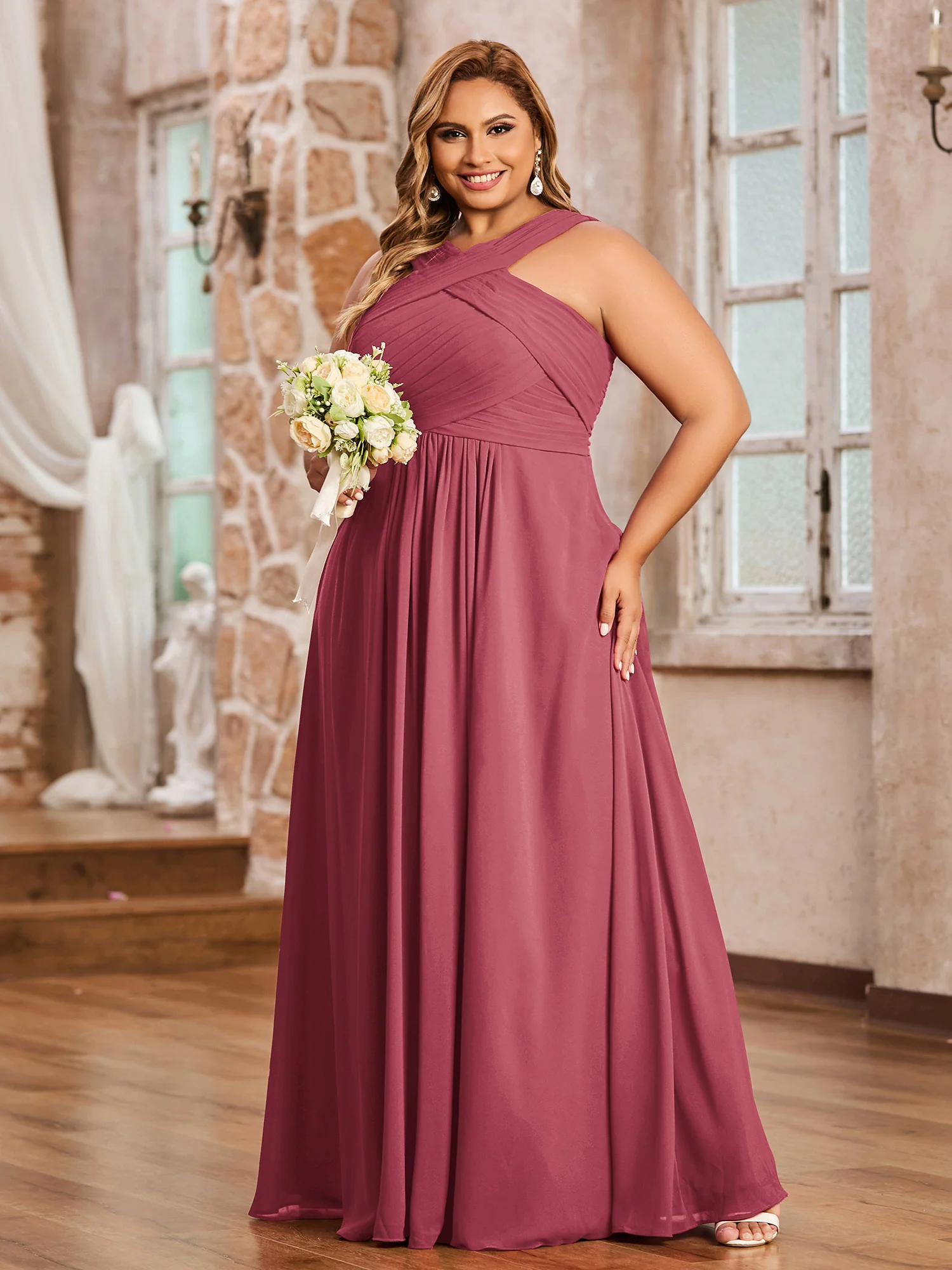 Cross Shoulder Strap Chiffon Dress with Empire Waist Cinnamon Rose - Image 3