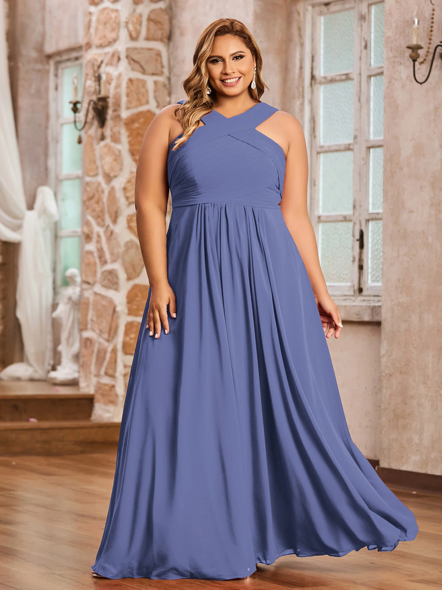 Cross Shoulder Strap Chiffon Dress with Empire Waist Periwinkle