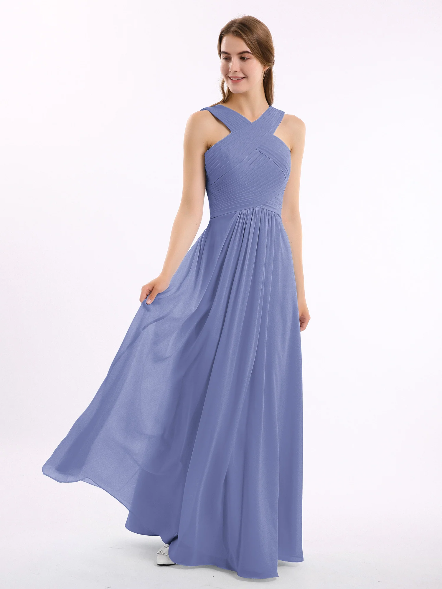 Cross Shoulder Strap Chiffon Dress with Empire Waist Periwinkle - Image 4
