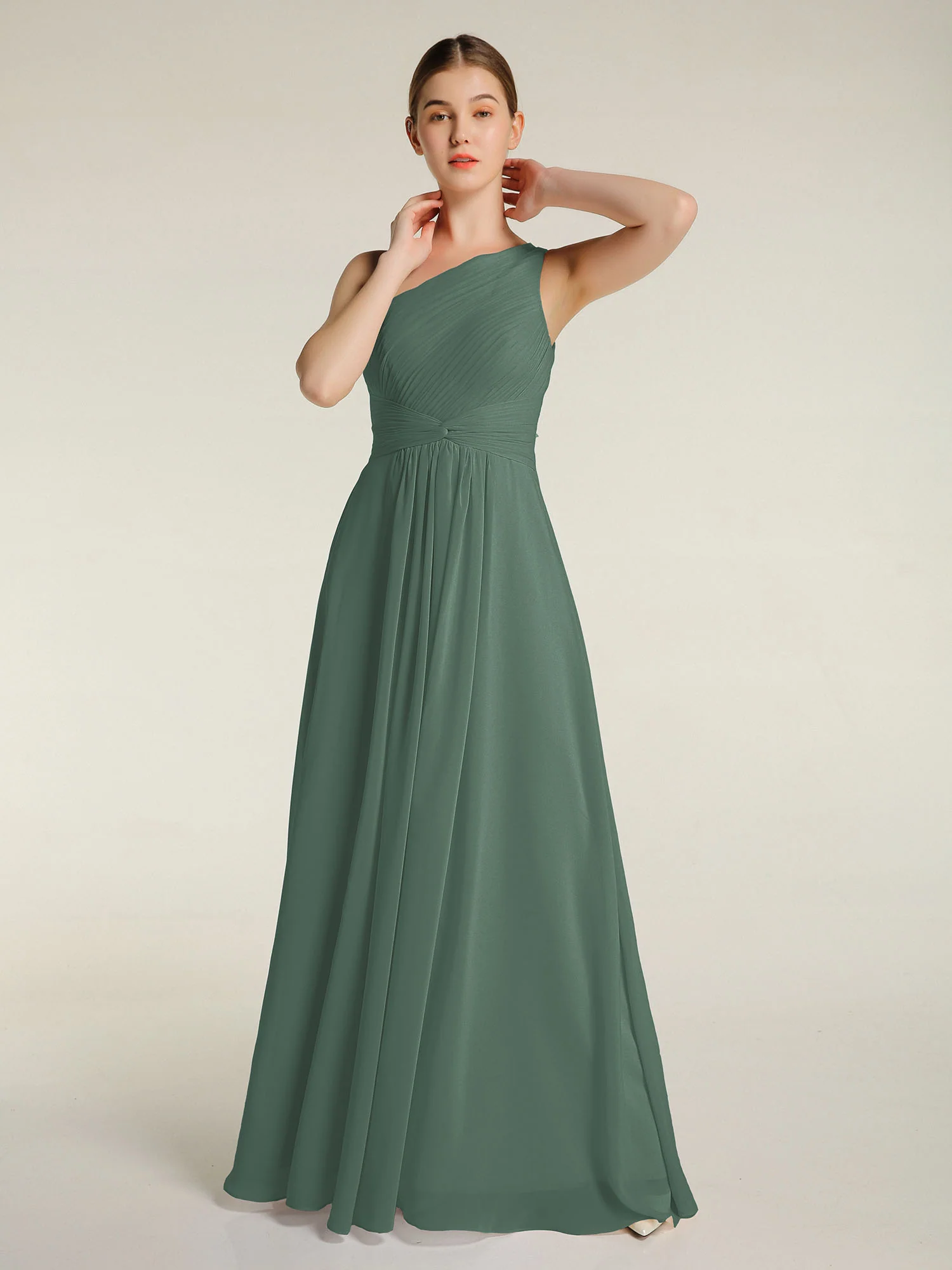 One Shoulder Dresses with Pleated Bodice Eucalyptus