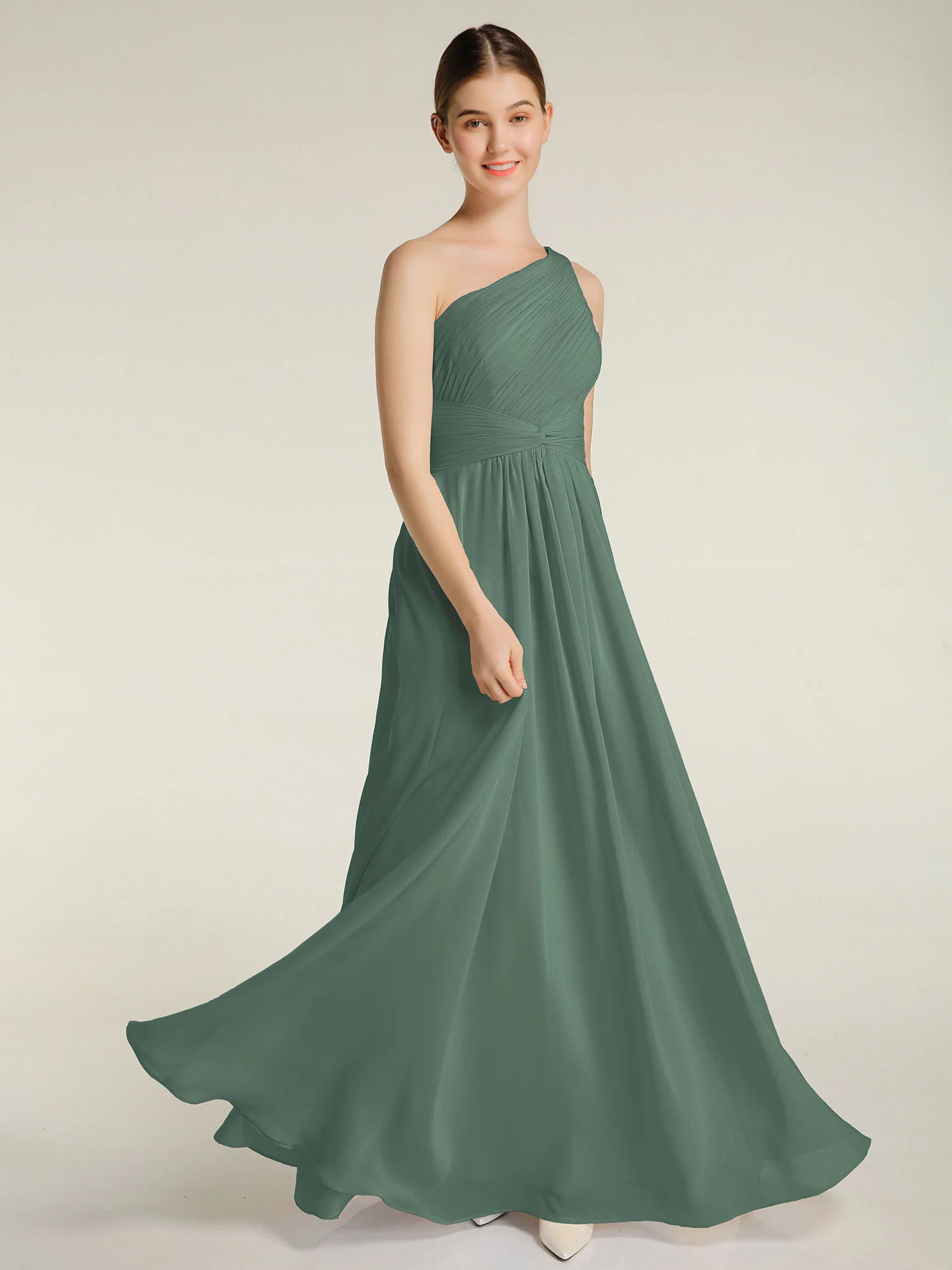 One Shoulder Dresses with Pleated Bodice Eucalyptus - Image 3