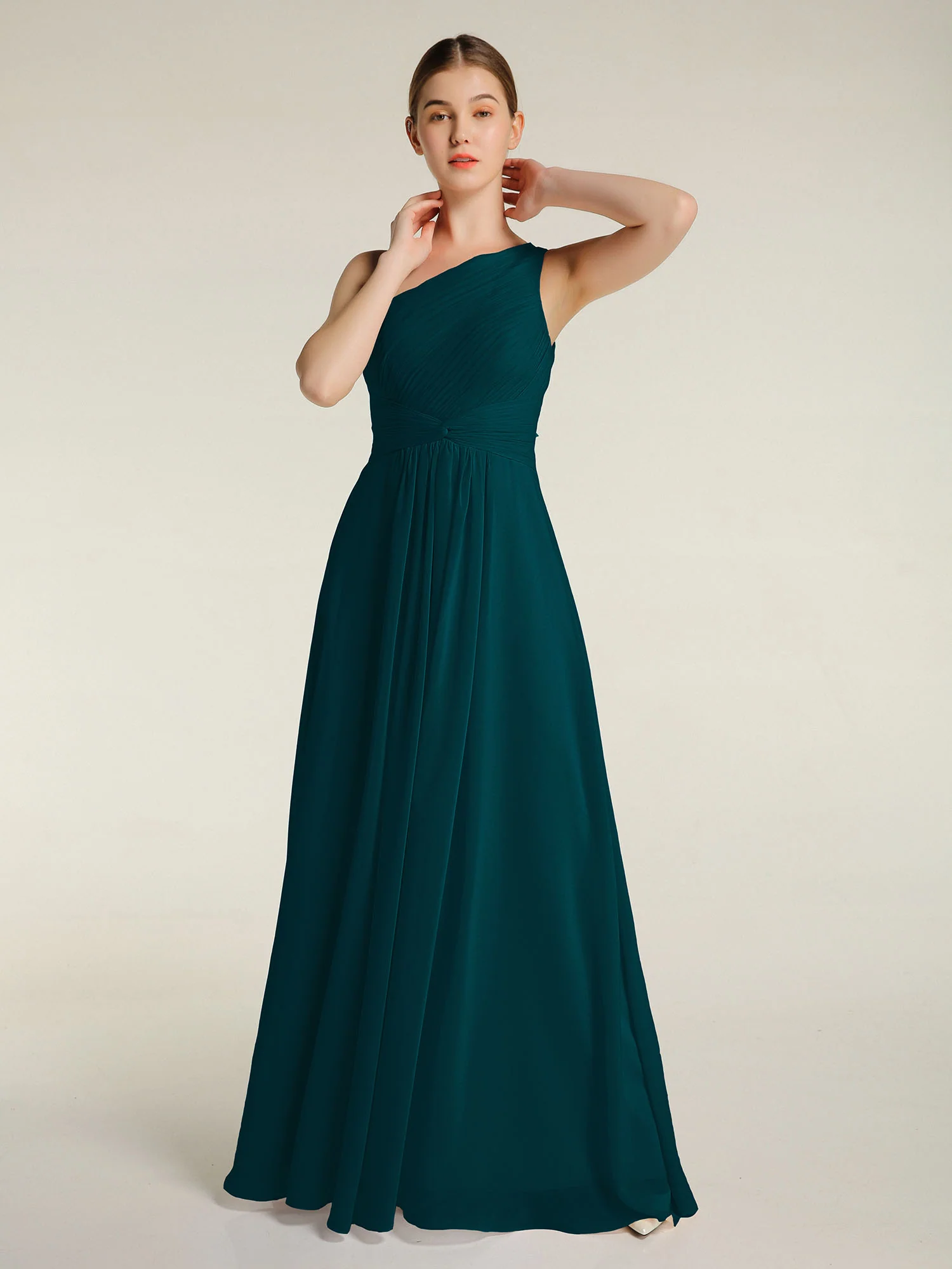 One Shoulder Dresses with Pleated Bodice Pine