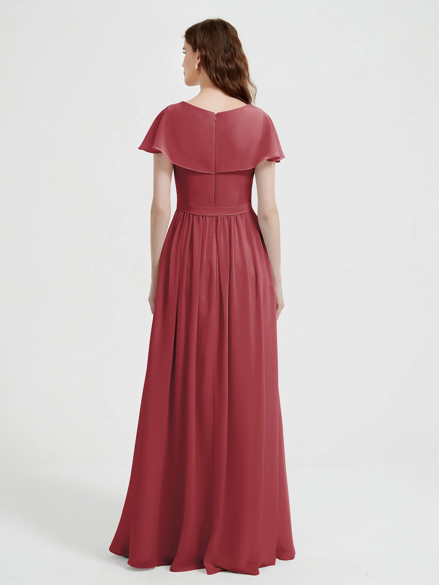 Cap Sleeves Long Chiffon Dresses with Slit-Cinnamon Rose - Image 2