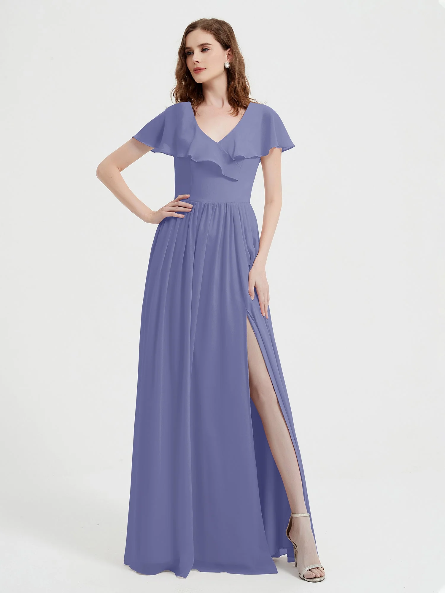 Cap Sleeves Long Chiffon Dresses with Slit-Periwinkle Plus Size