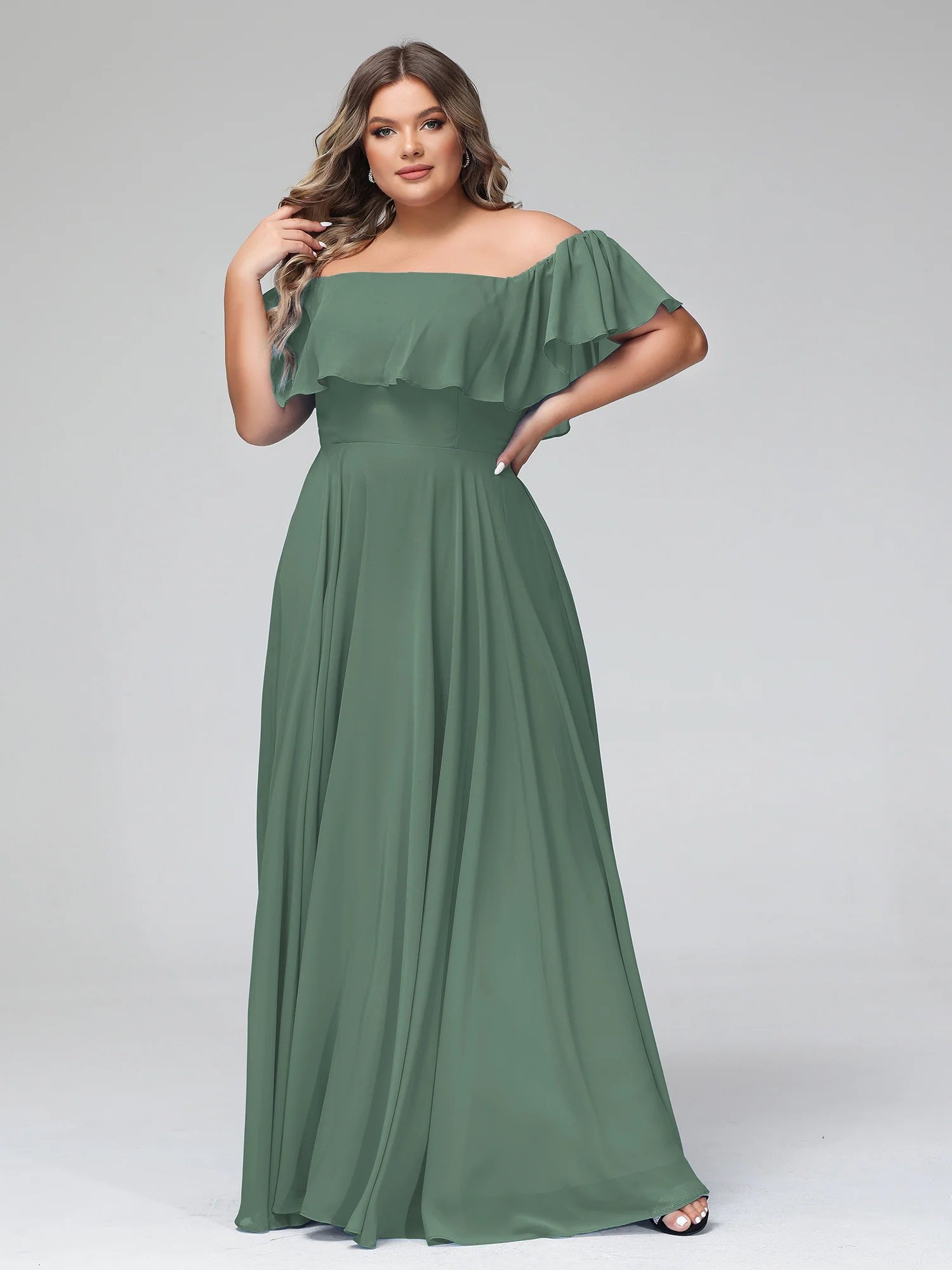 Off the Shoulder Chiffon Full Length Dress-Eucalyptus - Image 10