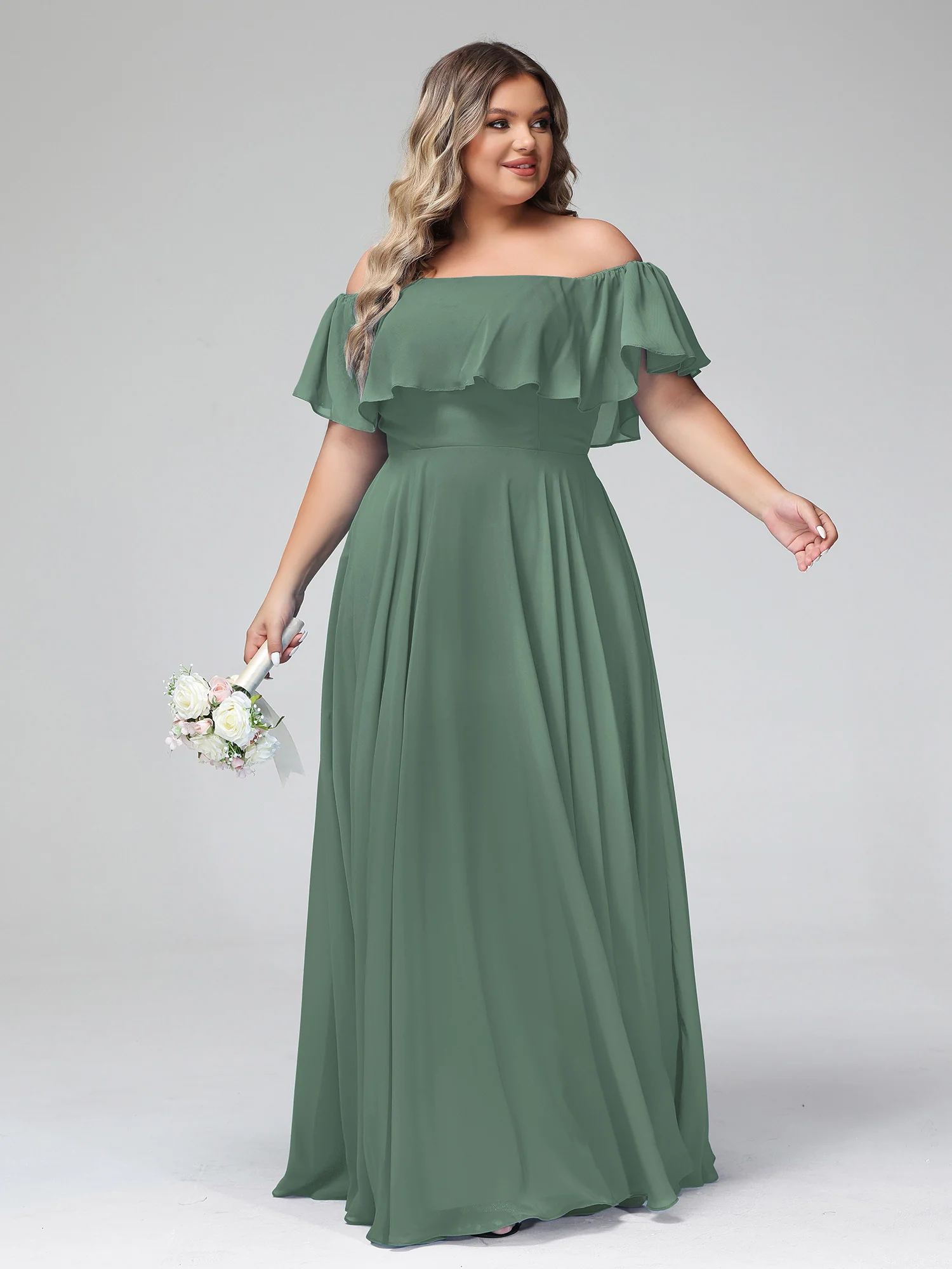 Off the Shoulder Chiffon Full Length Dress-Eucalyptus - Image 11