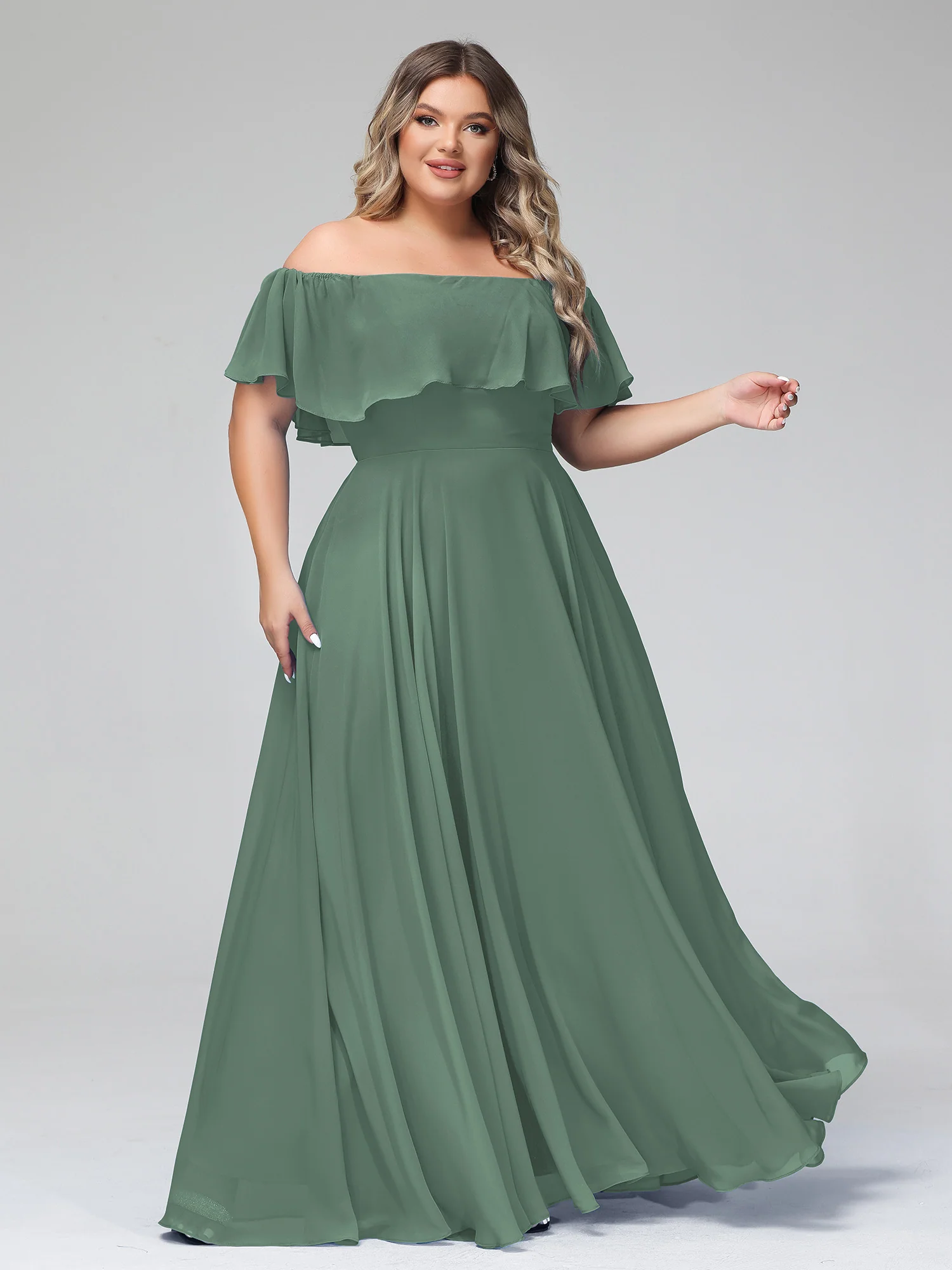 Off the Shoulder Chiffon Full Length Dress-Eucalyptus - Image 12