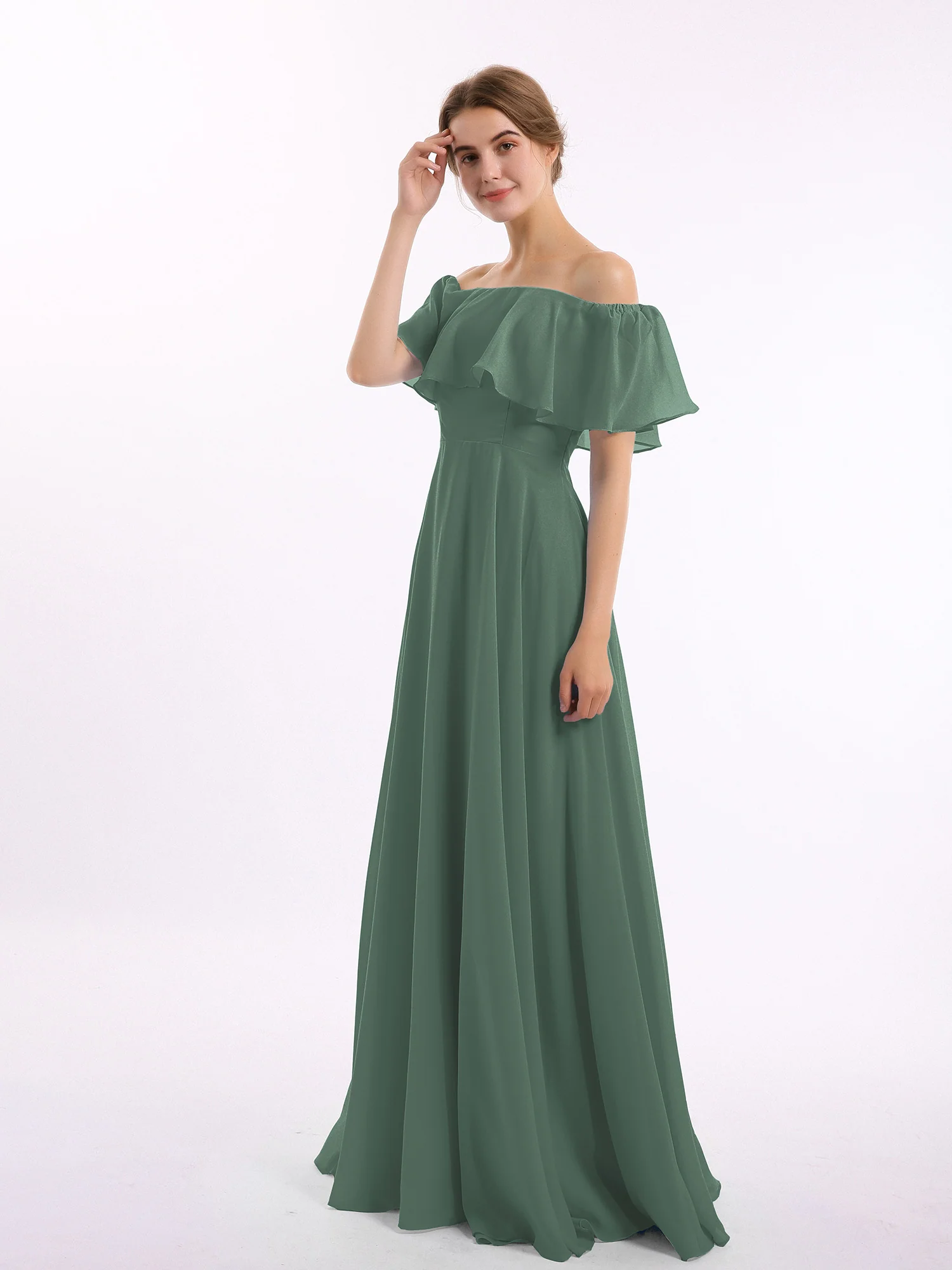 Off the Shoulder Chiffon Full Length Dress-Eucalyptus - Image 3