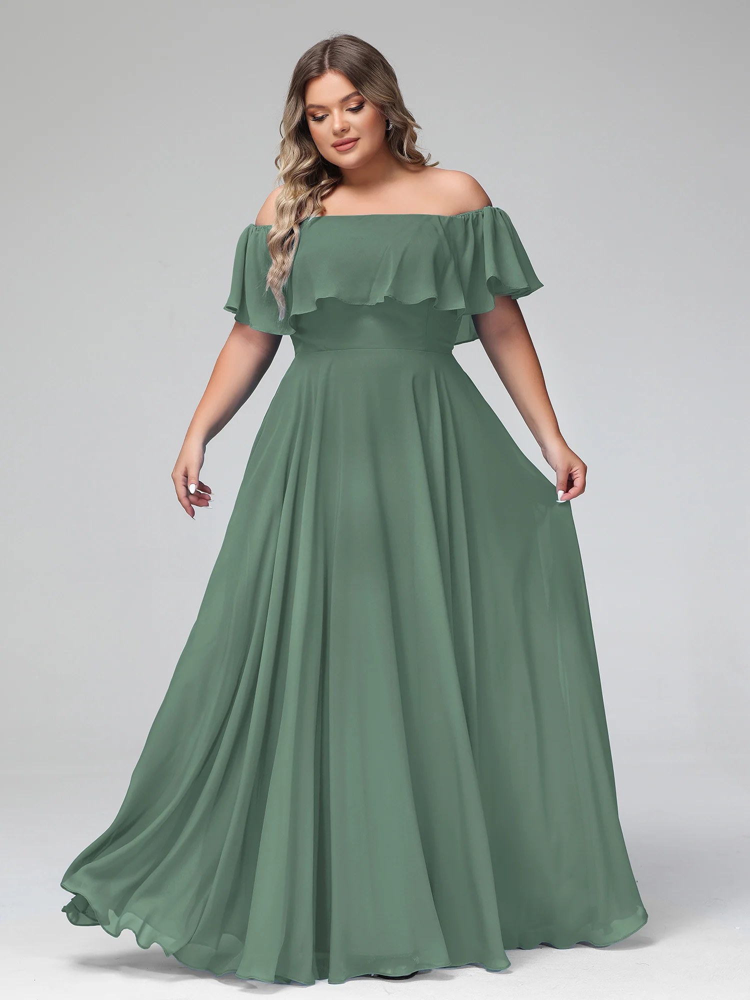 Off the Shoulder Chiffon Full Length Dress-Eucalyptus - Image 7