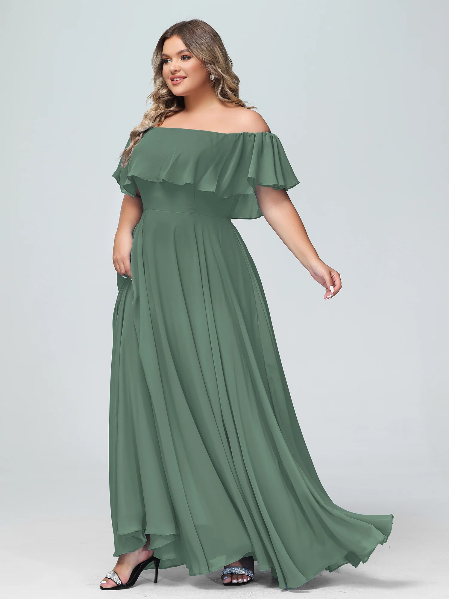 Off the Shoulder Chiffon Full Length Dress-Eucalyptus - Image 9