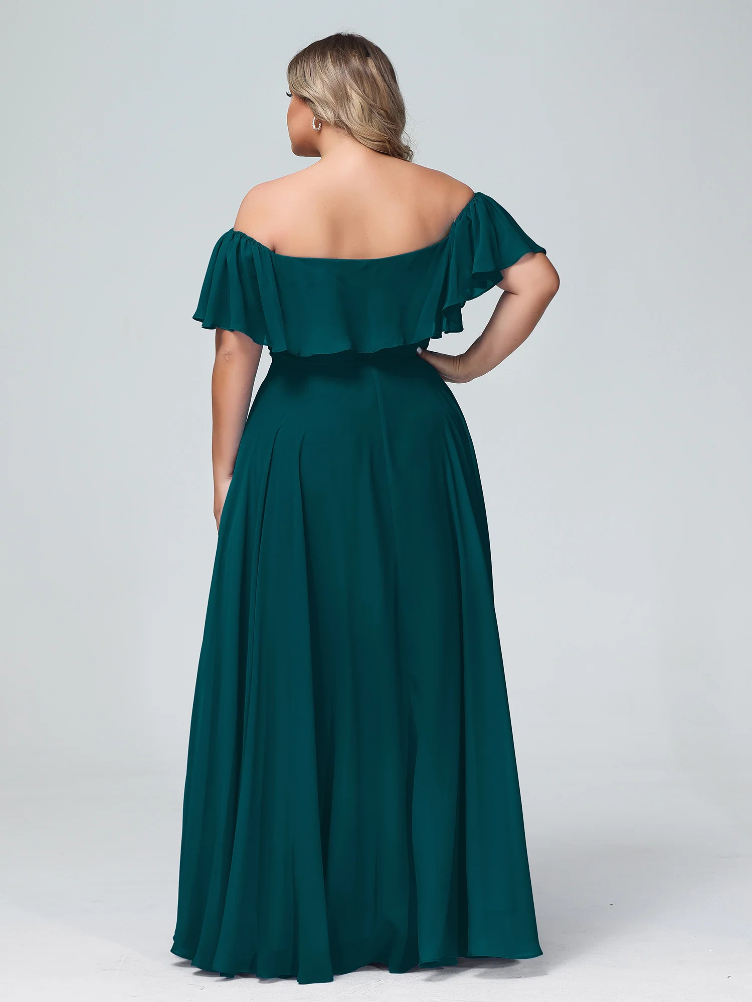 Off the Shoulder Chiffon Full Length Dress-Pine - Image 8