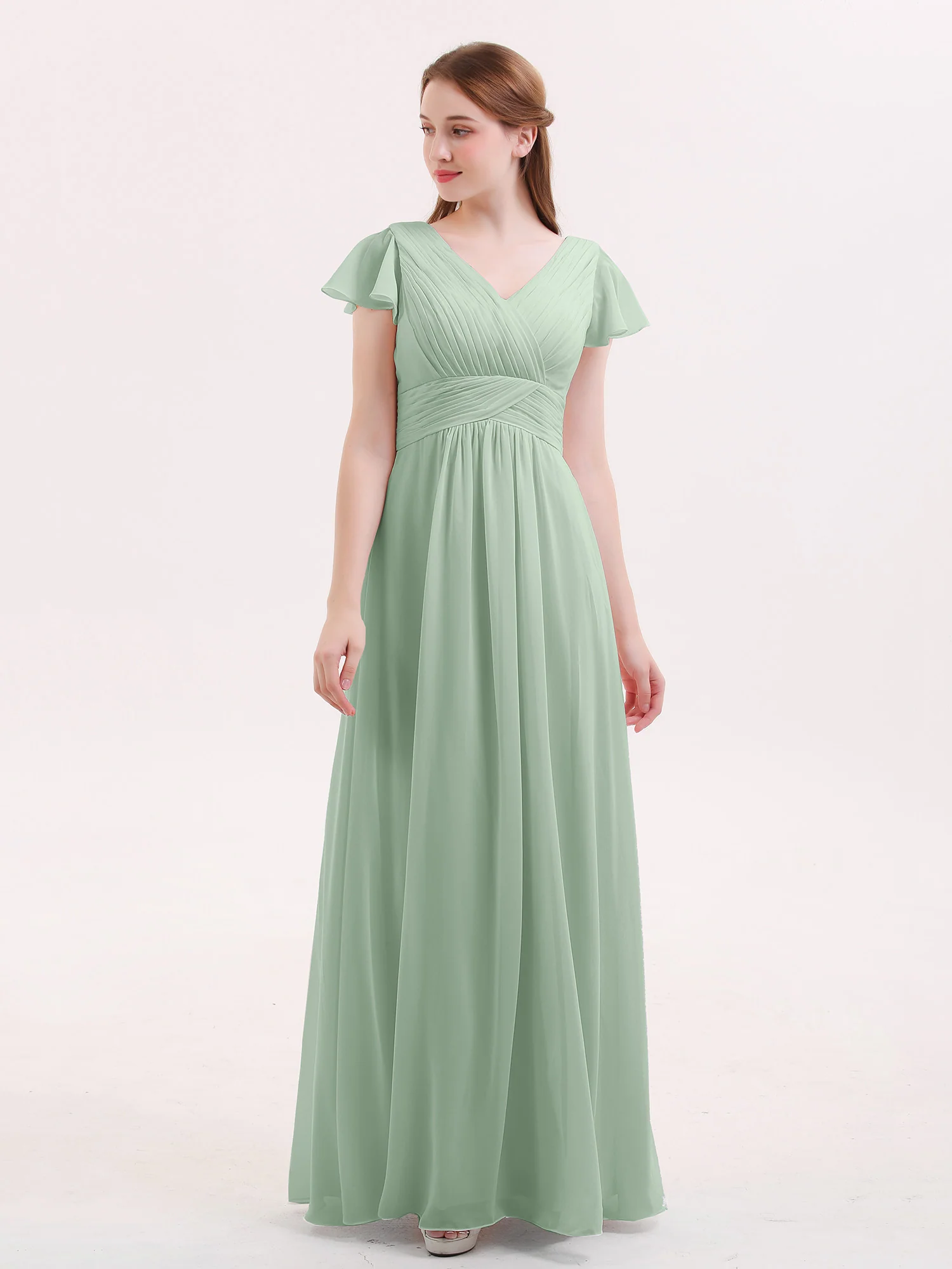 Cap Sleeves Chiffon Long Bridesmaid Dress Agave