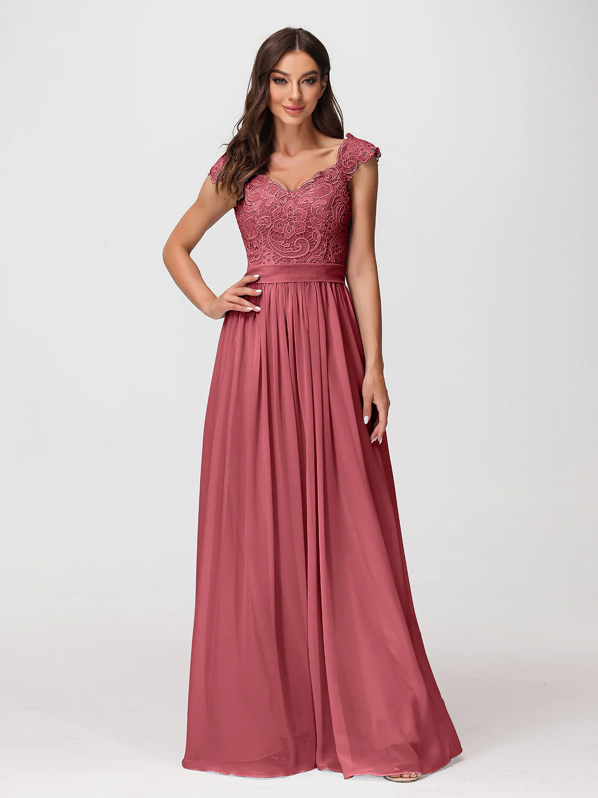 Long Chiffon Dress with Lace Appliqued Bodice-Cinnamon Rose