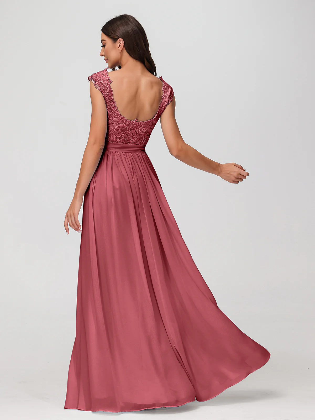 Long Chiffon Dress with Lace Appliqued Bodice-Cinnamon Rose - Image 2