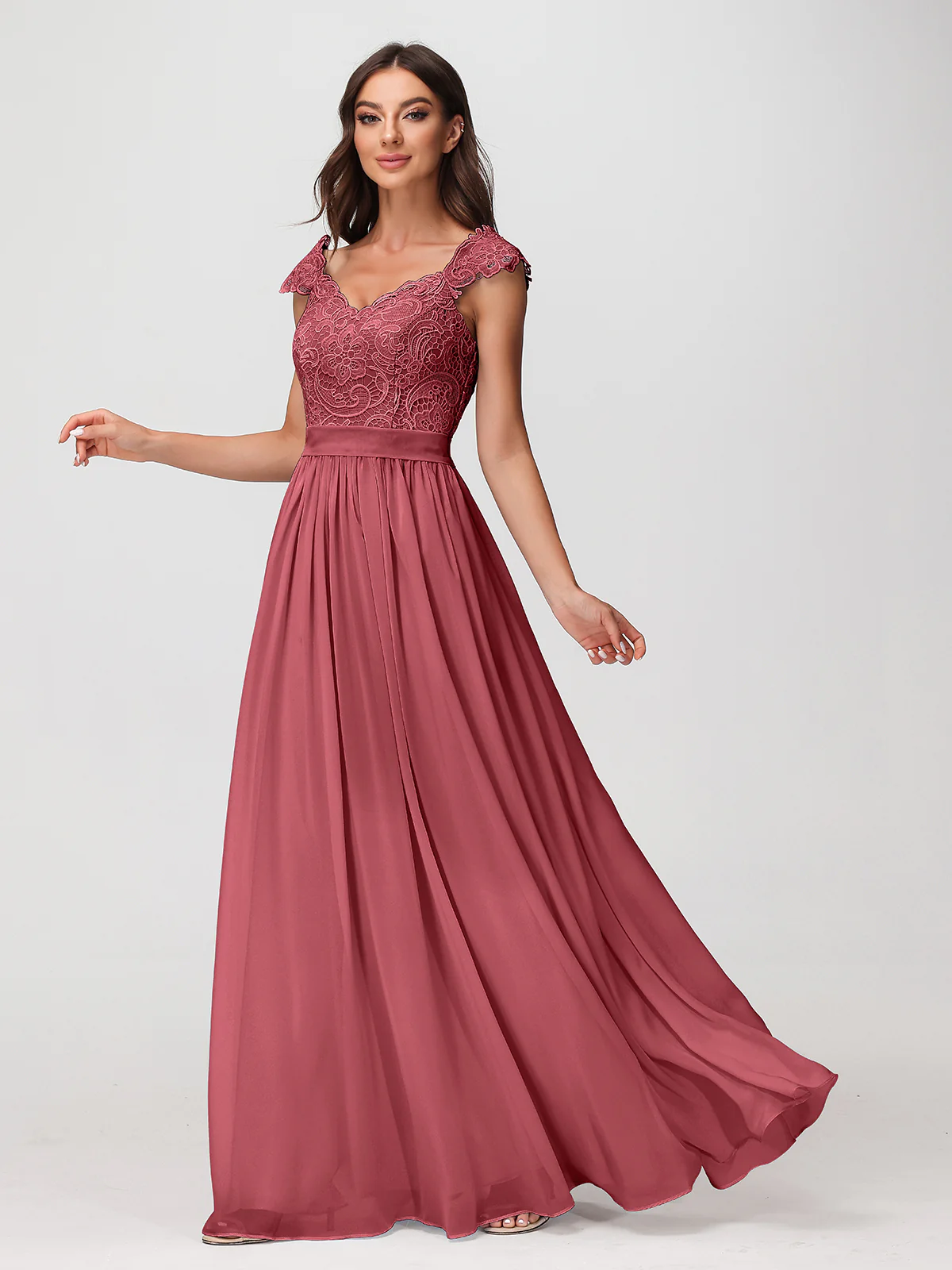 Long Chiffon Dress with Lace Appliqued Bodice-Cinnamon Rose - Image 3