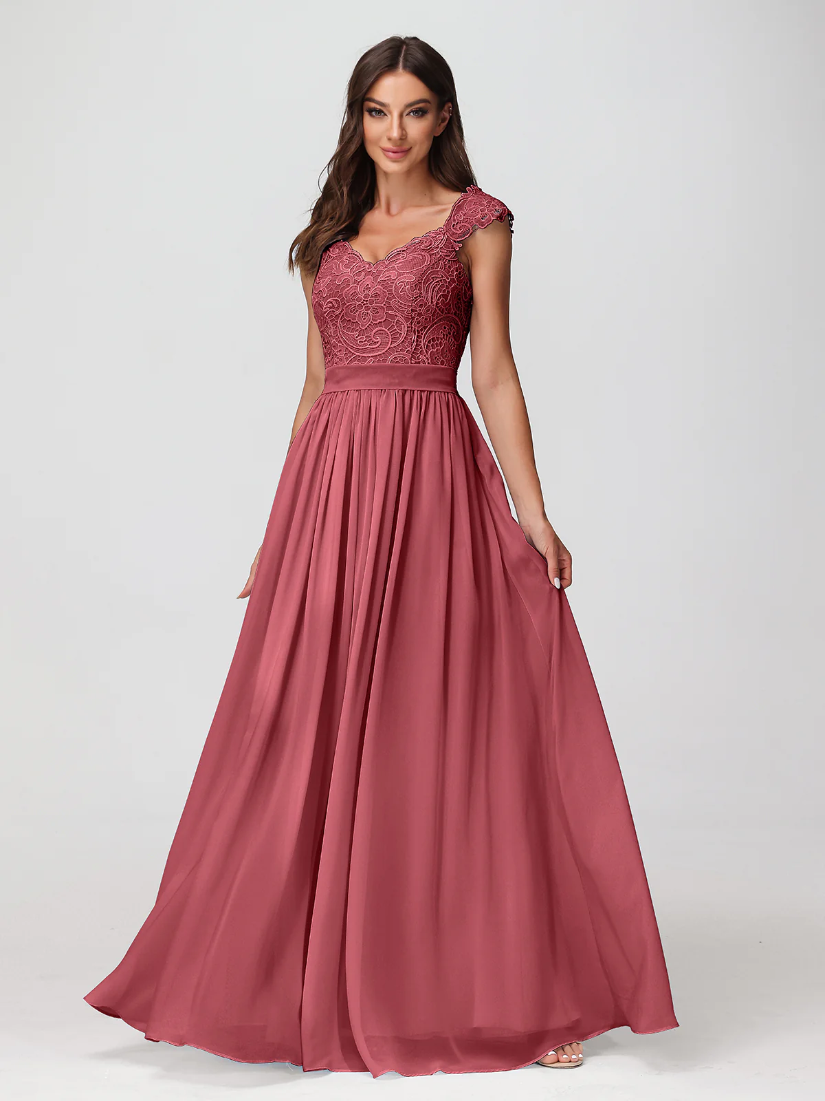 Long Chiffon Dress with Lace Appliqued Bodice-Cinnamon Rose - Image 4