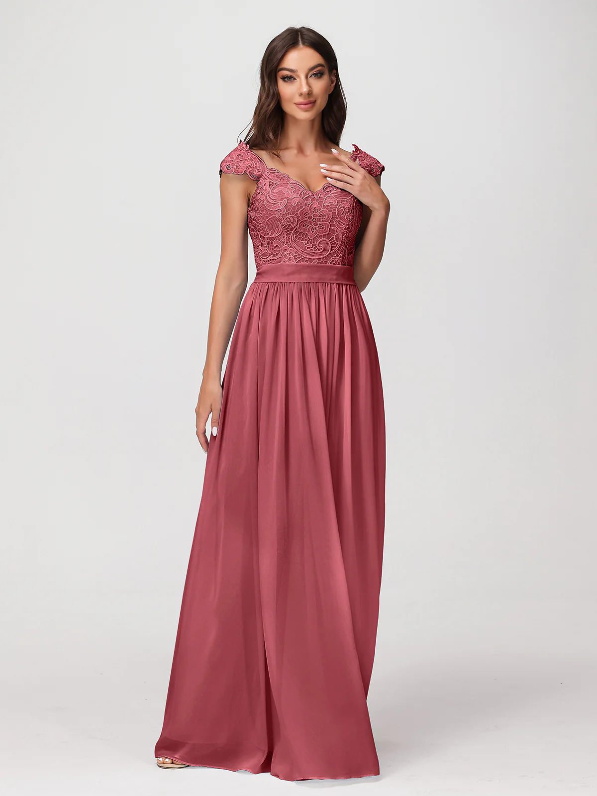 Long Chiffon Dress with Lace Appliqued Bodice-Cinnamon Rose - Image 5