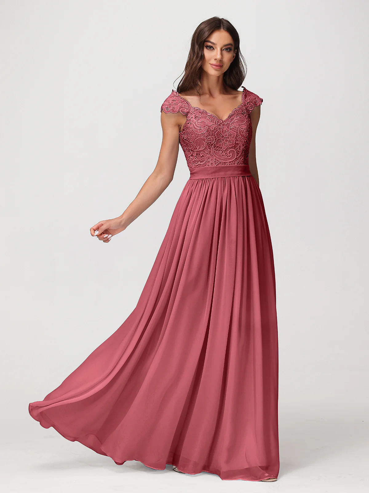 Long Chiffon Dress with Lace Appliqued Bodice-Cinnamon Rose - Image 6