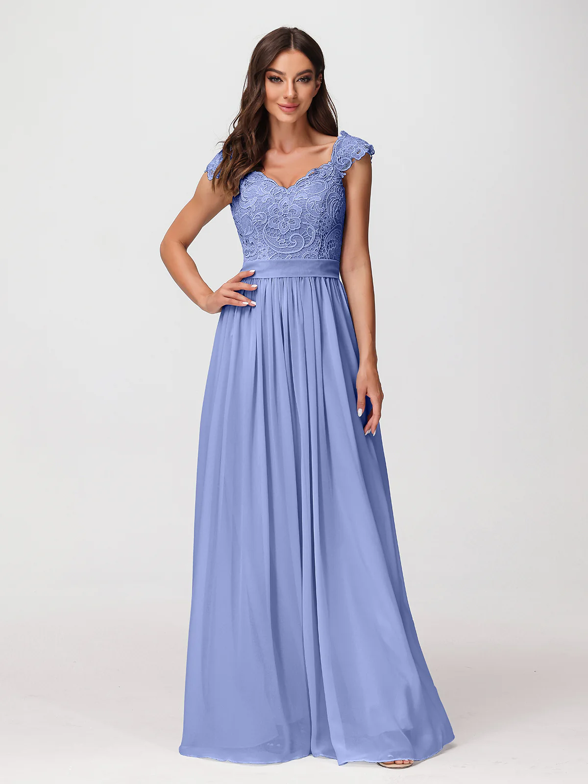 Long Chiffon Dress with Lace Appliqued Bodice-Periwinkle
