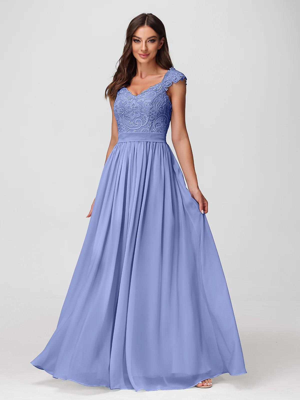 Long Chiffon Dress with Lace Appliqued Bodice-Periwinkle - Image 4