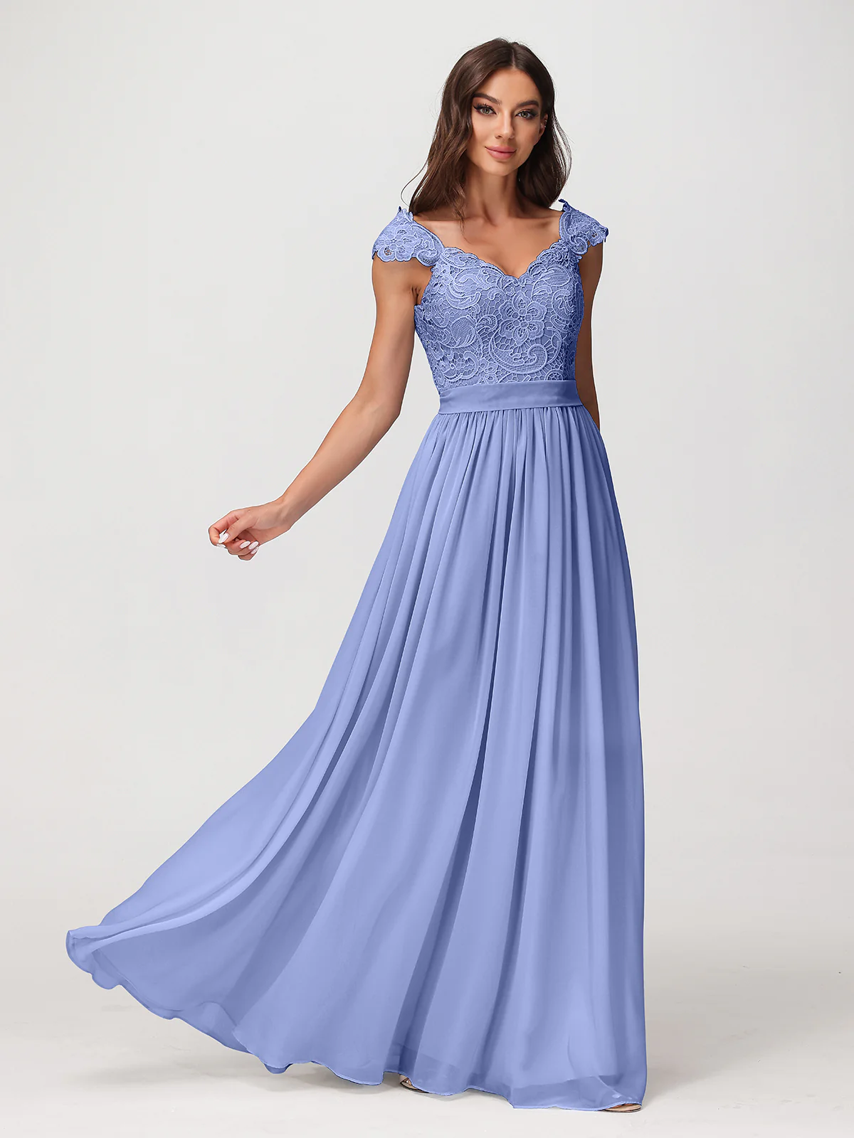 Long Chiffon Dress with Lace Appliqued Bodice-Periwinkle - Image 6